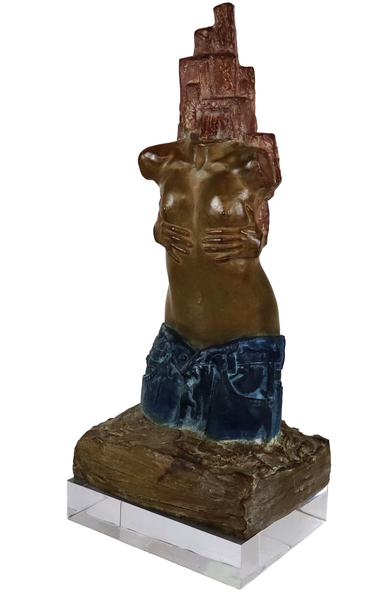 Tomek KAWIAK Bronze Nude Sculpture: Tomasz (Tomek) Kawiak (Poland, b. 1943) bronze sculpture with cold-painted details, 1994, edition 4/8 below Tomek Kaiak and with the artist's cipher to reverse at lower back pocket of figure with a fo