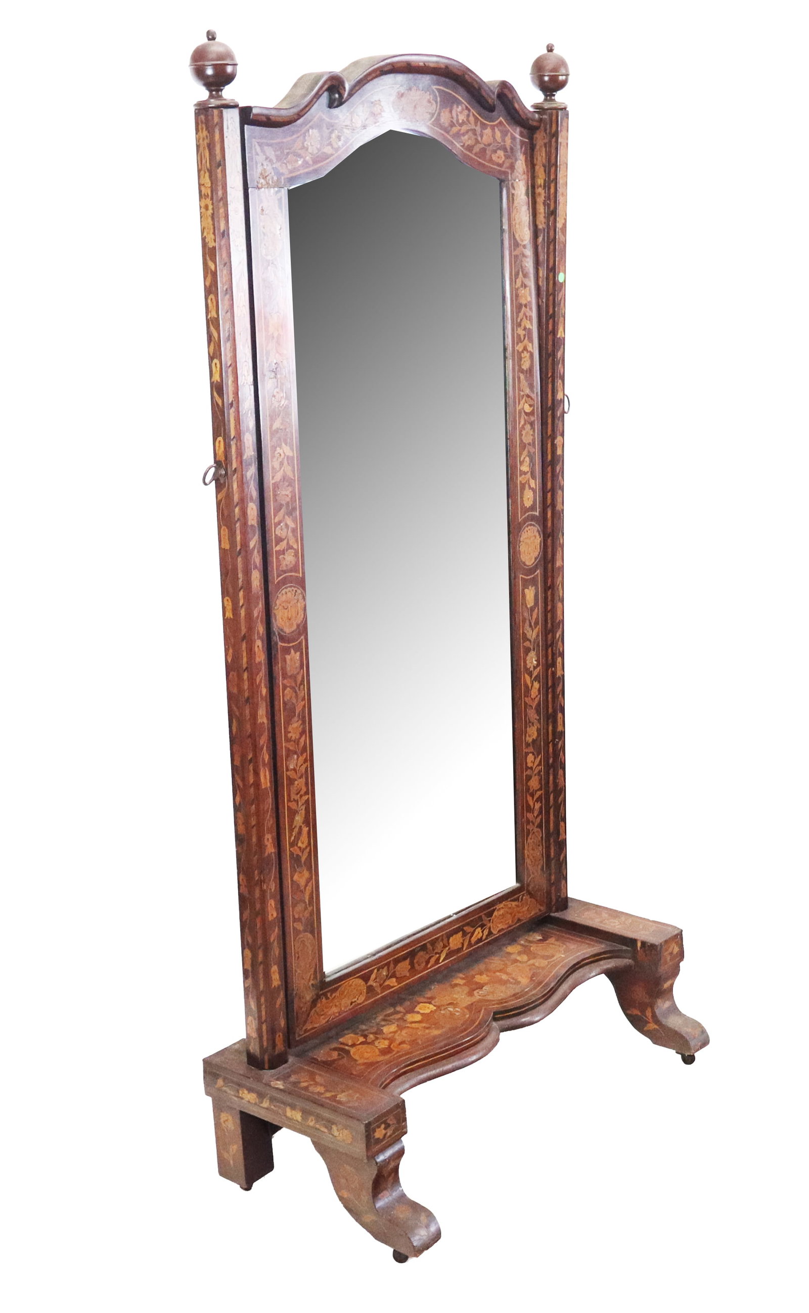 Antique Dutch Marquetry Chevalle Mirror: Antique Dutch Marquetry Chevalle mirror with tall octagonal posts having ball finials, sculpted framed mirror pediment, base with scroll front legs, all over marquetry inlaid designs, on casters. Marq