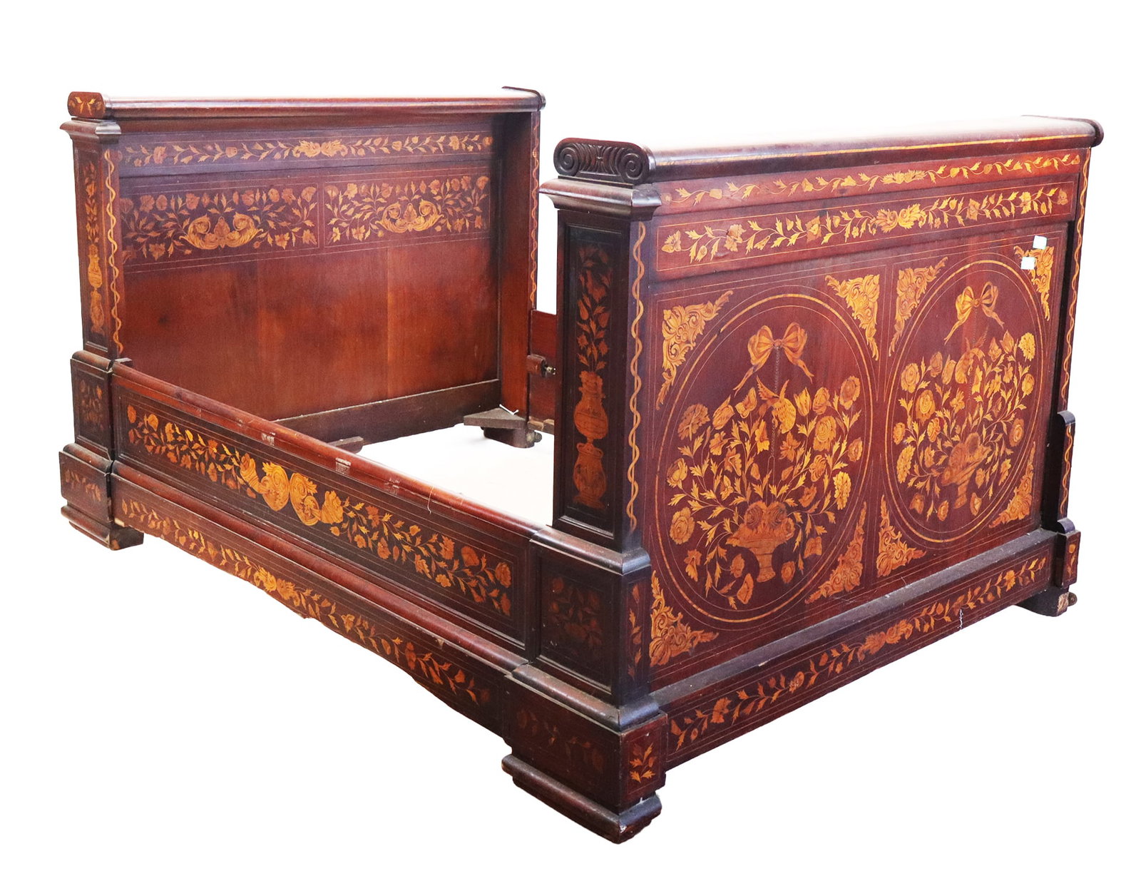 Antique Dutch Marquetry Bed: Antique Dutch Marquetry Bed, the headboards having all over inlays of ribbons, birds carrying baskets, scrolling and flowers designs, mounted scroll capitals, the rails having all over inlays, with sl
