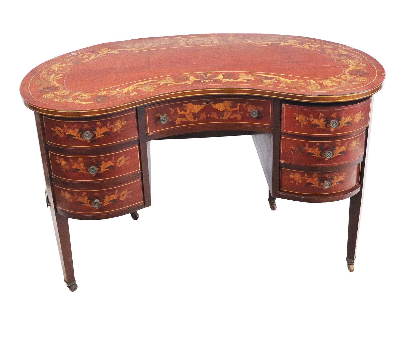 Dutch Marquetry Kidney Shaped Desk: Dutch Marquetry kidney shaped desk (or vanity), circa early 2th century, floral leaf and scrolling inlays, 7 drawers with line inlays, finished back, tapered straight legs ending in casters. [30.5" H 