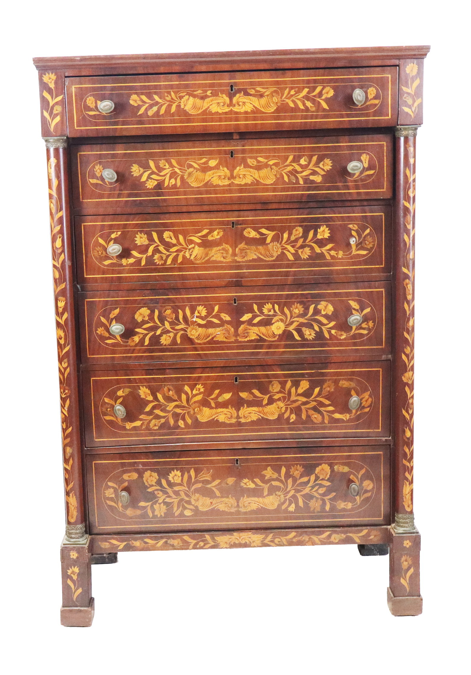 Antique Dutch Marquetry Tall Chest: Anitque Dutcch Marquetry tall chest, plain flat top above one overhang drawer, over 5 drawers with cornucopia style inlay fronts and flanked by 2 full round columns, and sides all having floral marque
