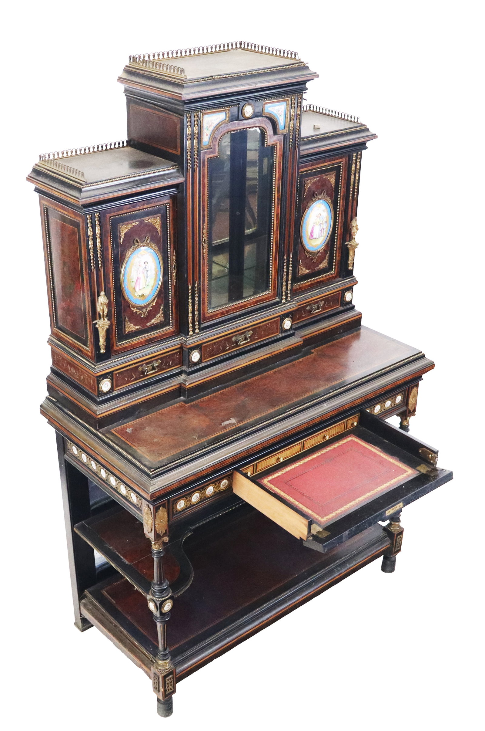 Louis Phillipe Style Secretary Cebinet, Hobbs & Co: Louis Phillipe Style secretary cabinet, superstructure with 2 inset severs oval plaque doors and bronze mounts with figures, flanking a center glazed door, upper tiers having 3/4 gallery tops, doors a