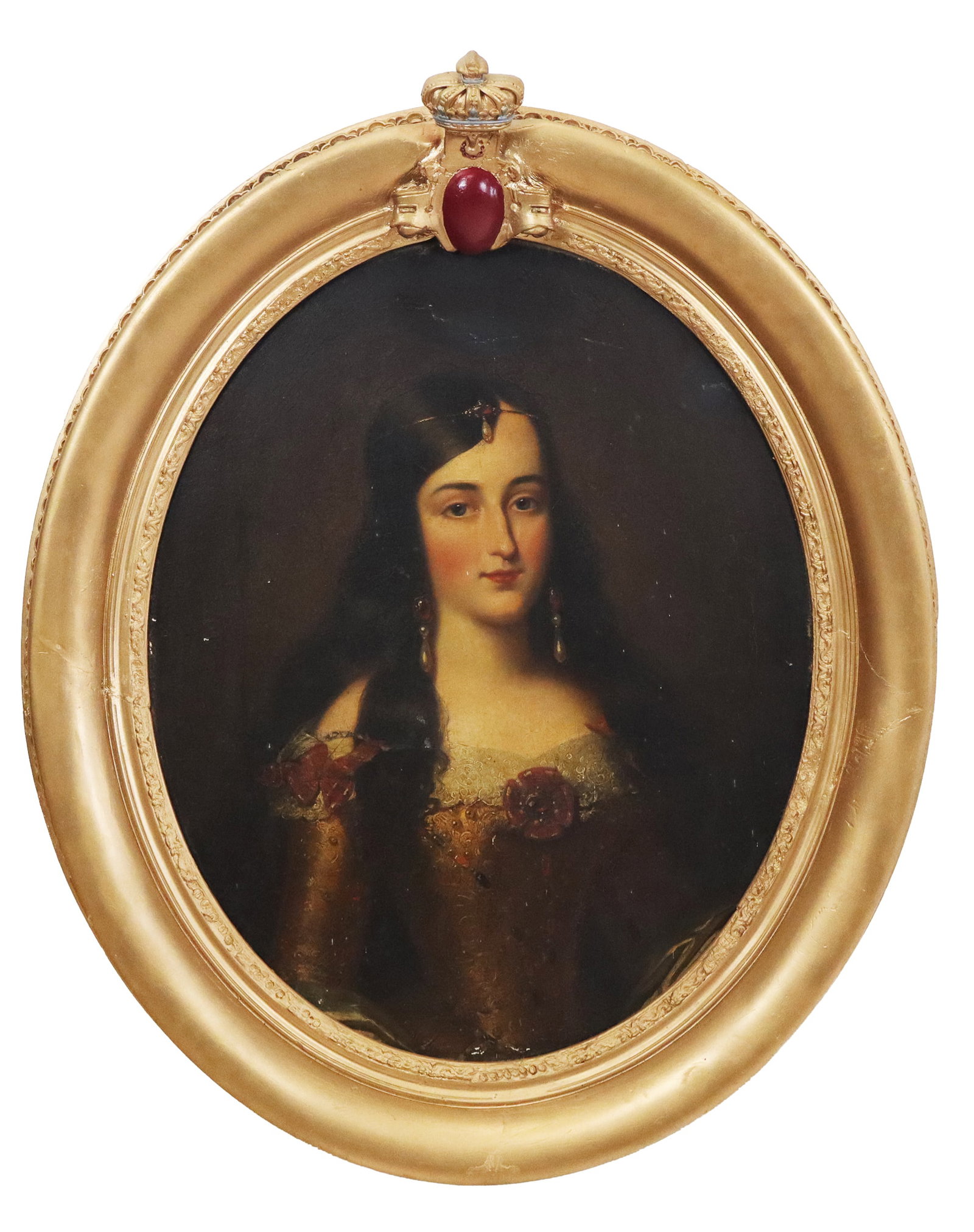 Unsigned Oil on Canvas Portrait: Unsigned, Oil on Canvas Portrait, study of a woman with jewelry and a gilt designed dress, in a gilt oval frame with painted crown finial. [28" x 23", frame 39" x 32"]. Painting has repairs and chips 