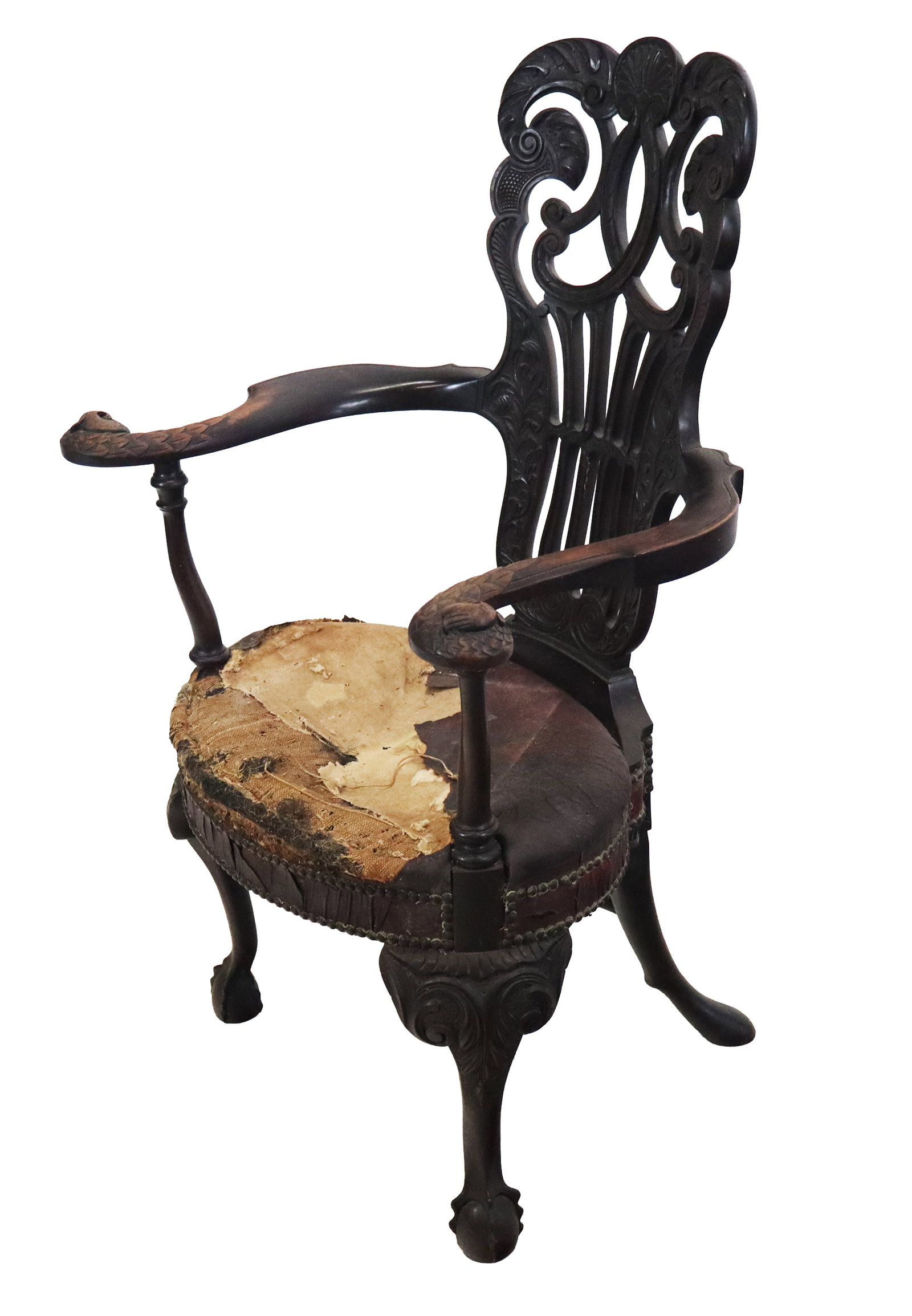 Unusual Sculpted Carved Arm Chair: Unusual sculpted and carved arm chair, fan and scroll and lyre form open back, above carved arms with birds head form knuckles, over heavily carved legs and ball and claw feet. [42" H x 27" W x 22"D].