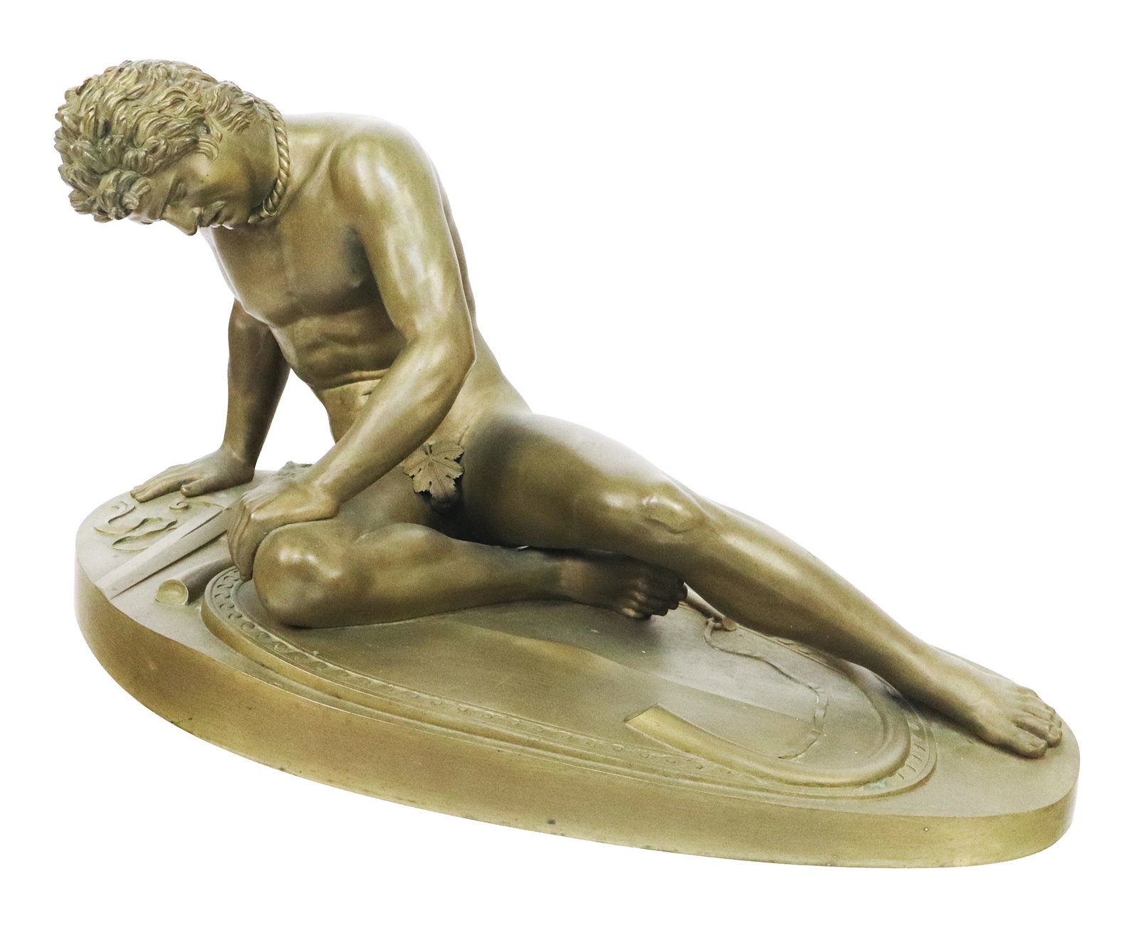 Grand Tour Bronze of "The Dying Gaul": Grand tour bronze of "The Dying Gaul", the stabbed mustached man peering down at his sword, on self base. No signature, no foundry. Finely detailed. [12" H x 22.5" x 11"]. Small oxidation spots, needs