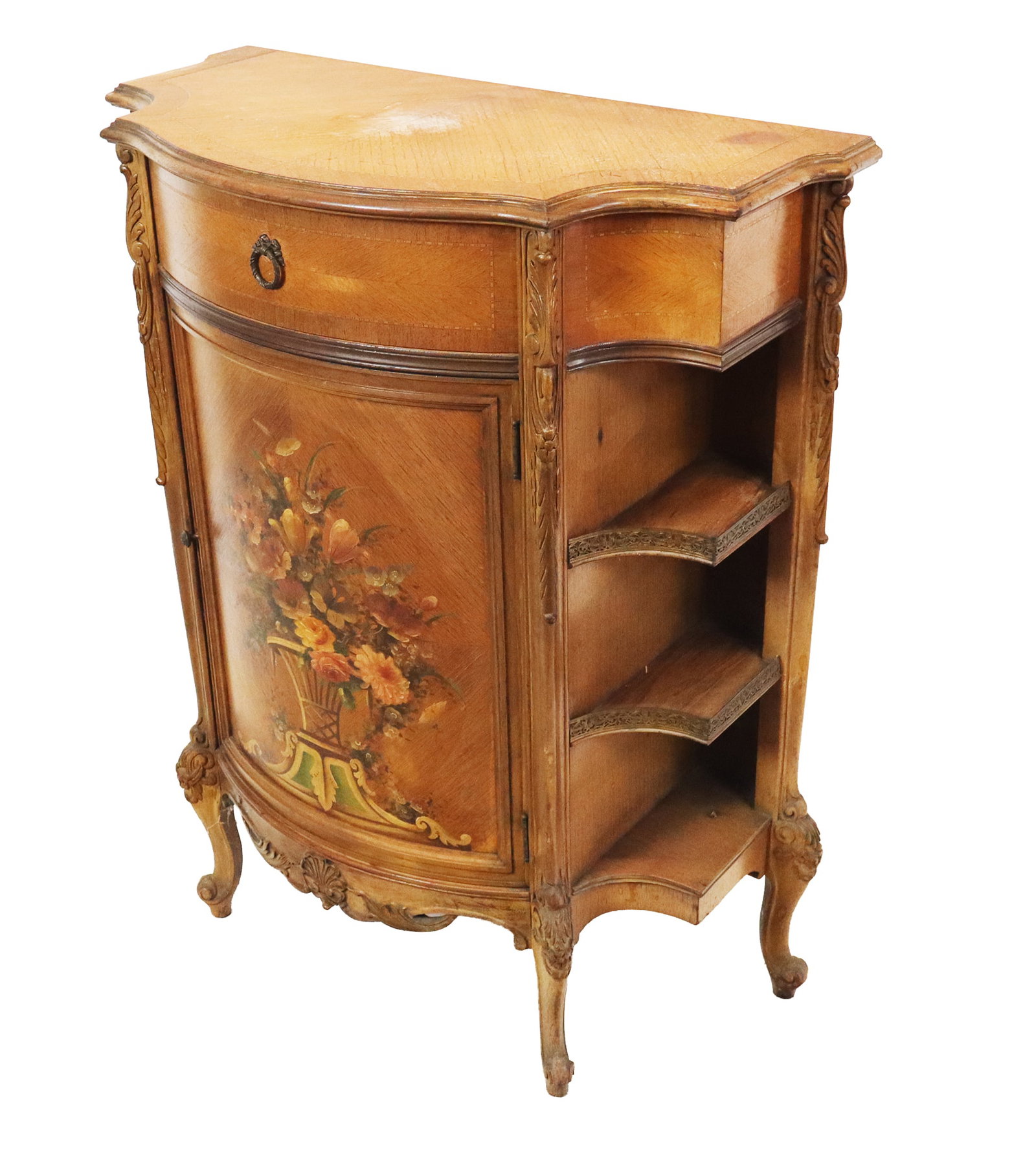 French Decorated Side Cabinet: French decorated side cabinet, painted floral front door with sides of three tiers, two having galleries, carved partial gilt legs and top inlaid drawer. [35" H x 28" W x 14" D]. Good overall conditio