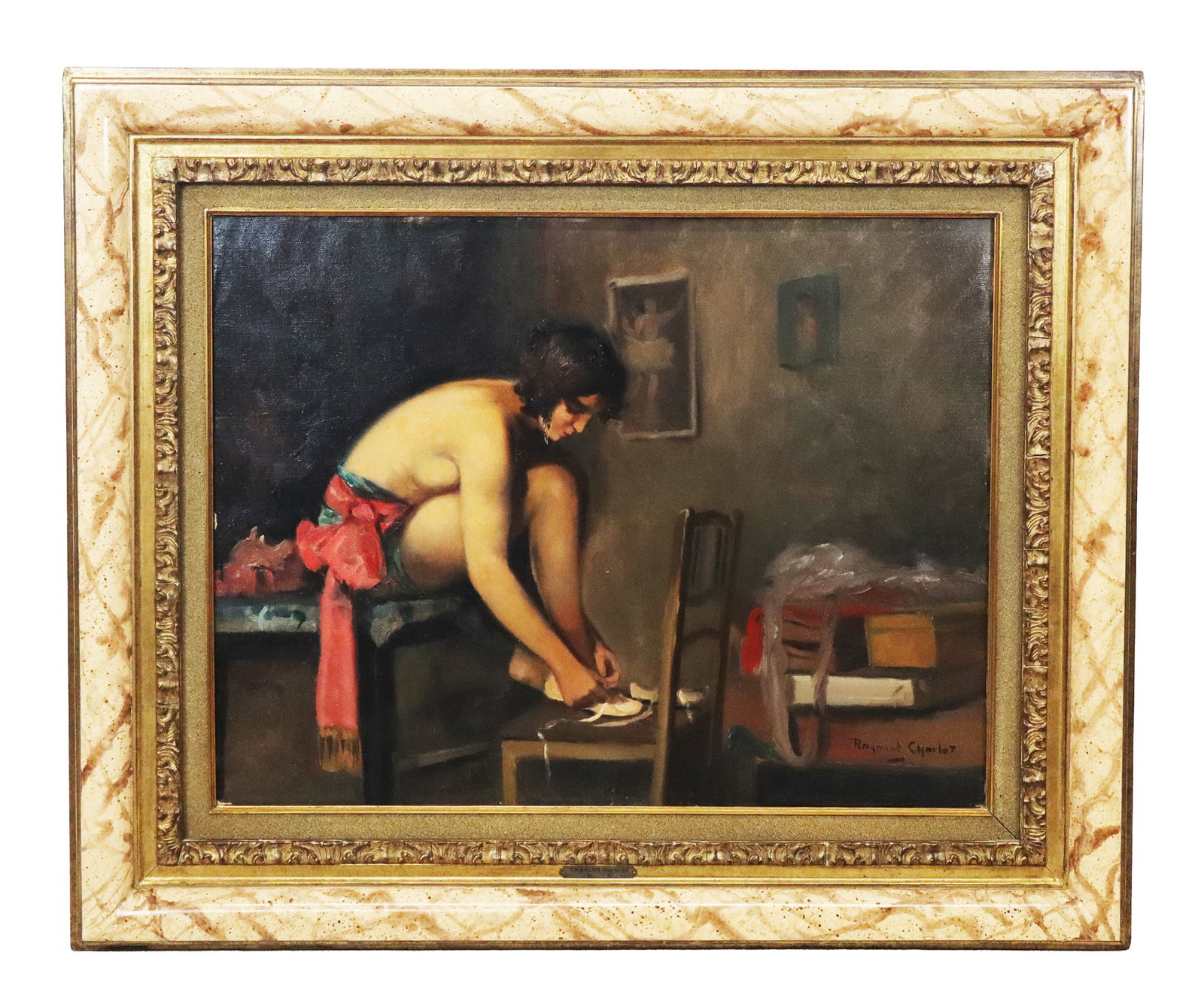 Raymond CHARLOT Nude Ballerina Oil Painting: Raymond Charlot (French-Belgian, b. 1879) oil on canvas interior scene with seated nude ballerina, signed lower right "Raymond Charlot," in decorative frame. [Canvas: 19.5" H x 25.5" W; Frame: 28.5" H