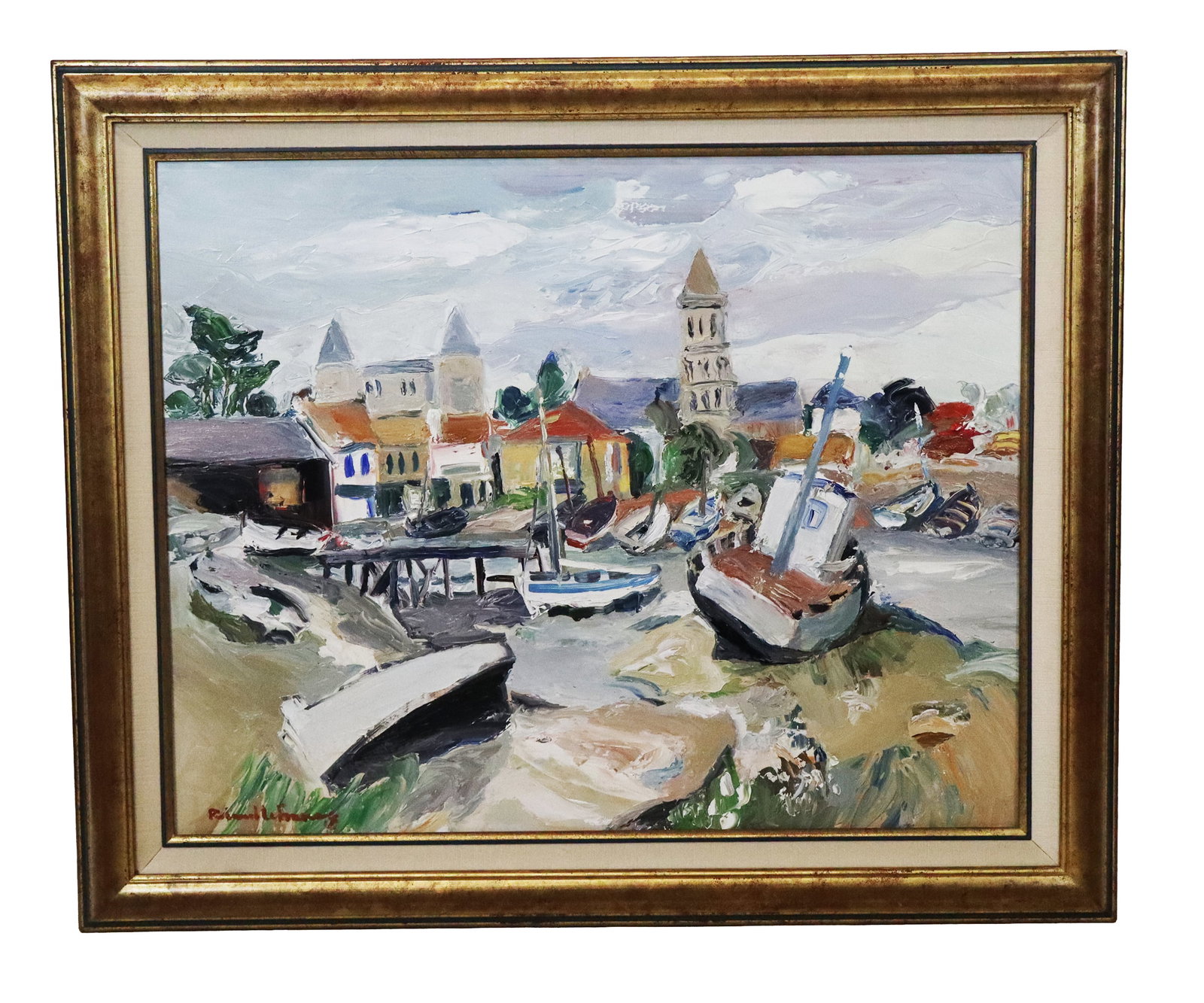 Roland LEFRANC "Noirmoutier" Coastal Oil Painting: Roland LeFranc (French, 1931-2000) oil on canvas depicting a coastal village landscape, titled "La Vasiere a Noirmoutier," signed lower left and to verso with anchor symbol, titled to verso with LeFra