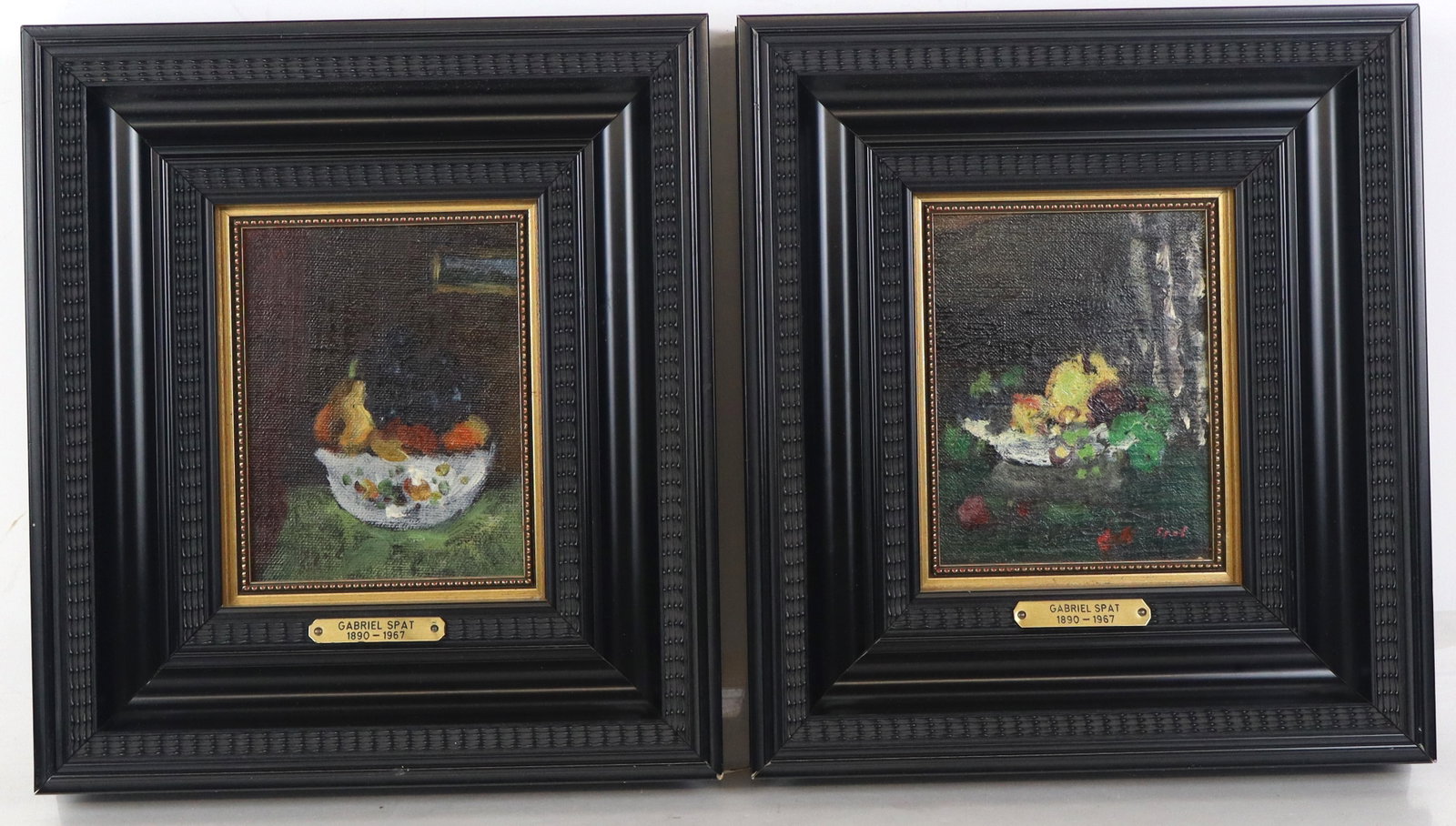Gabriel SPAT Pair of Oil Still Lifes with Fruit: Gabriel Spat (French-American, 1890-1967) pair of oil on canvas laid on board table still lifes with bowls of fruit, one signed lower right "Spat," each contained in ebonized frames with artist's plaq