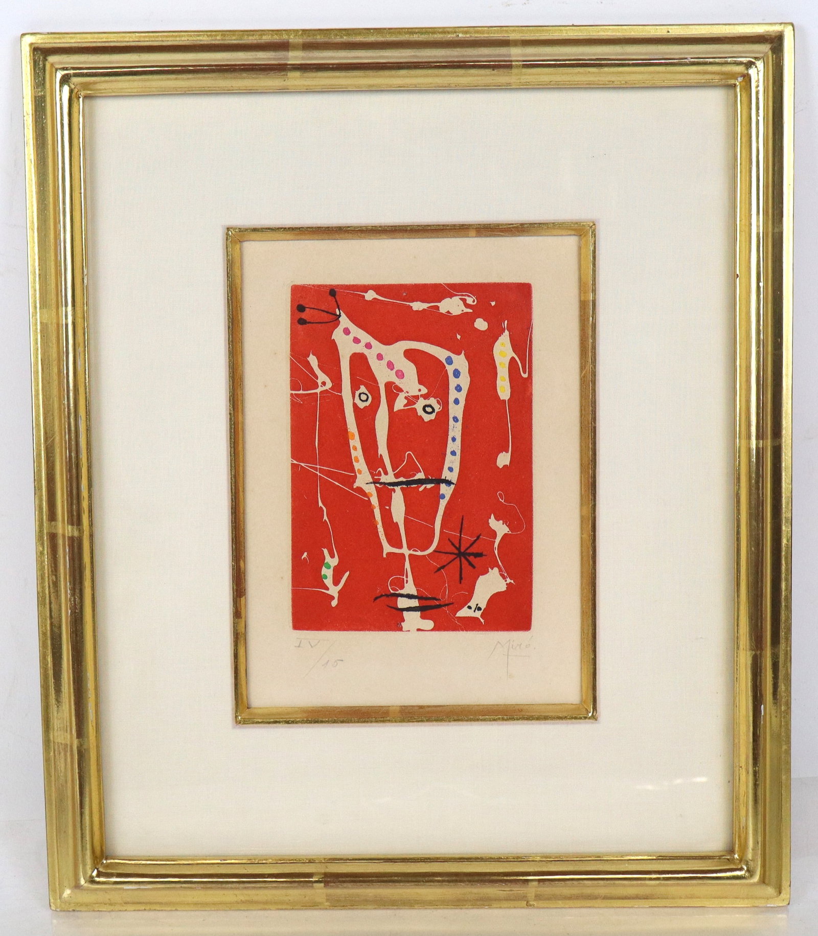 Joan MIRO "Les Brisants (Red)" Etching: Joan Miro (Spanish, 1893-1983) etching and aquatint in colors on paper titled "Les Brisants (Red)," 1958, pencil signed to margin lower right "Miro," and numbered lower left "IV/15", matted and framed