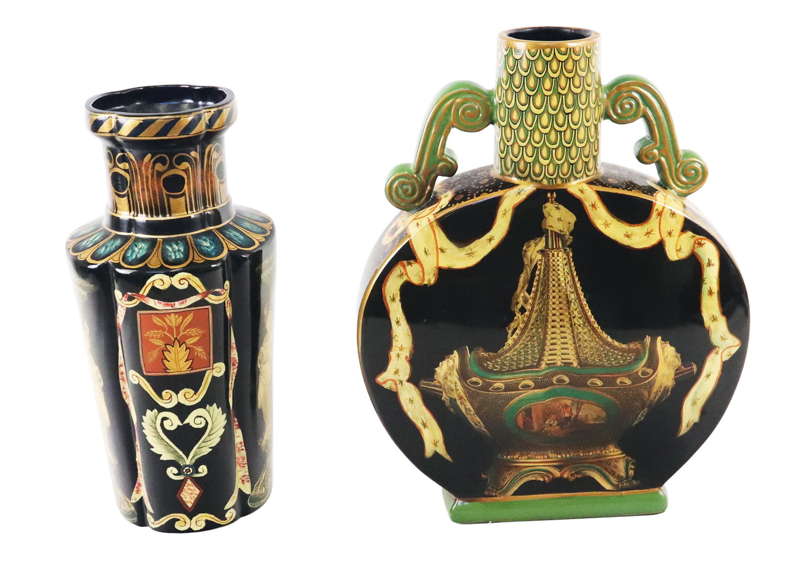 Two Hand-Painted Porcelain Vases: Two hand-painted porcelain vases, 20th century, with applied images of antiques to each, and gilt details, unmarked. [Larger: 16" H x 12" W x 3" D]. Condition to each is good, some minor losses at bas