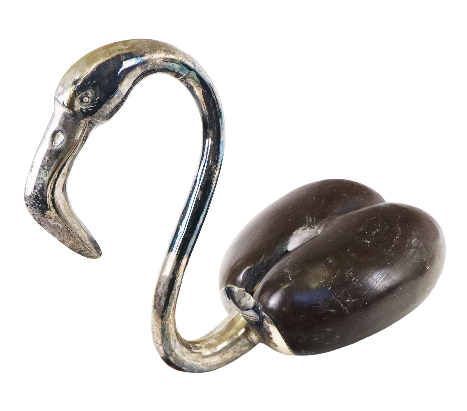 Binazzi Manner Silver Plate & Coco de Mer Flamingo: Manner of Gabriella Binazzi silver plate and coco de mer flamingo, 20th century, with a polished surface to nut, unmarked. [20.5" H x 11" W x 18" D]. Condition is good with patina to silver and minor 