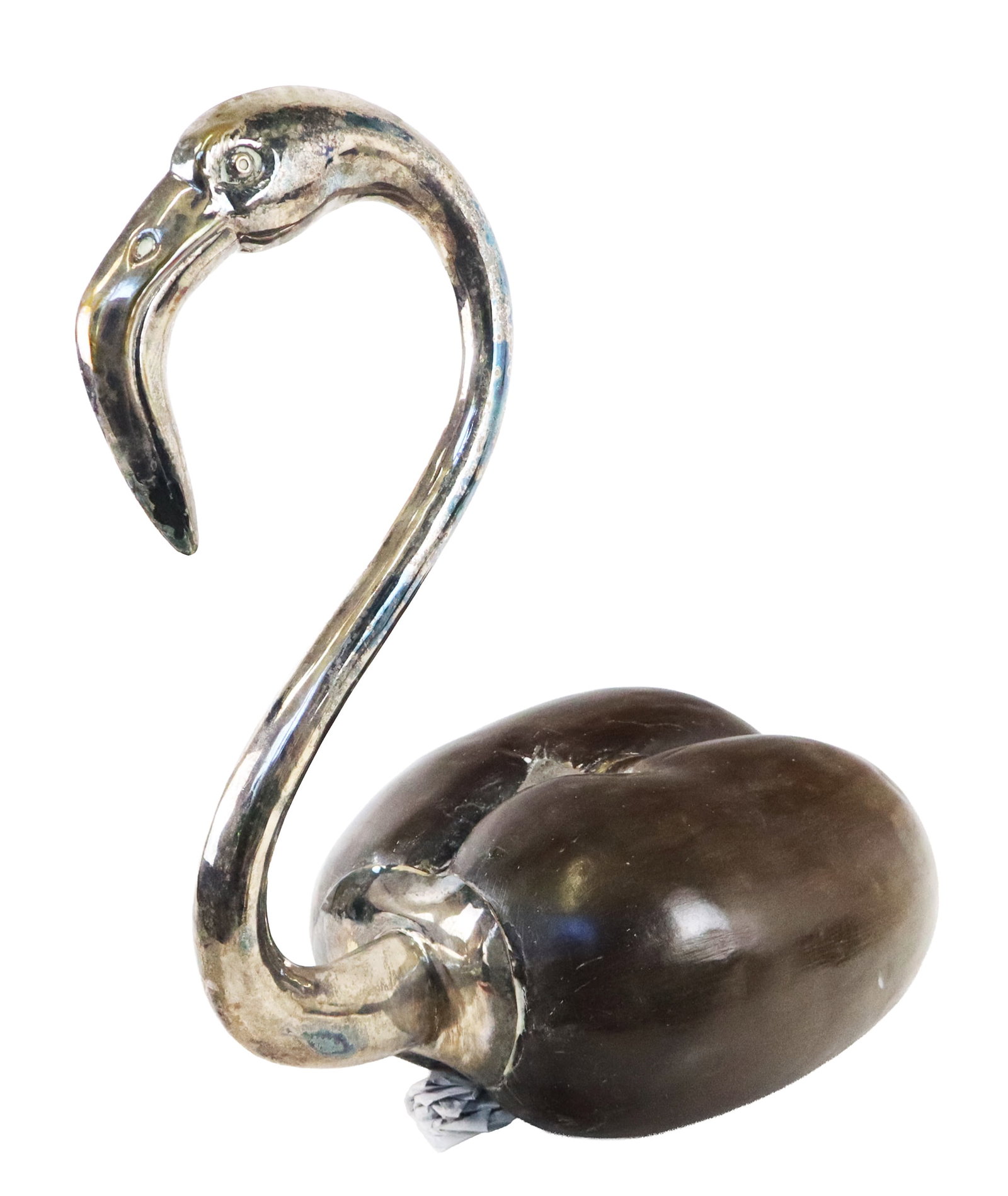 Binazzi Manner Silver Plate & Coco de Mer Flamingo: Manner of Gabriella Binazzi silver plate and coco de mer flamingo, 20th century, with a polished surface to nut, unmarked. [20.5" H x 11" W x 18" D]. Condition is good with patina to silver and minor 