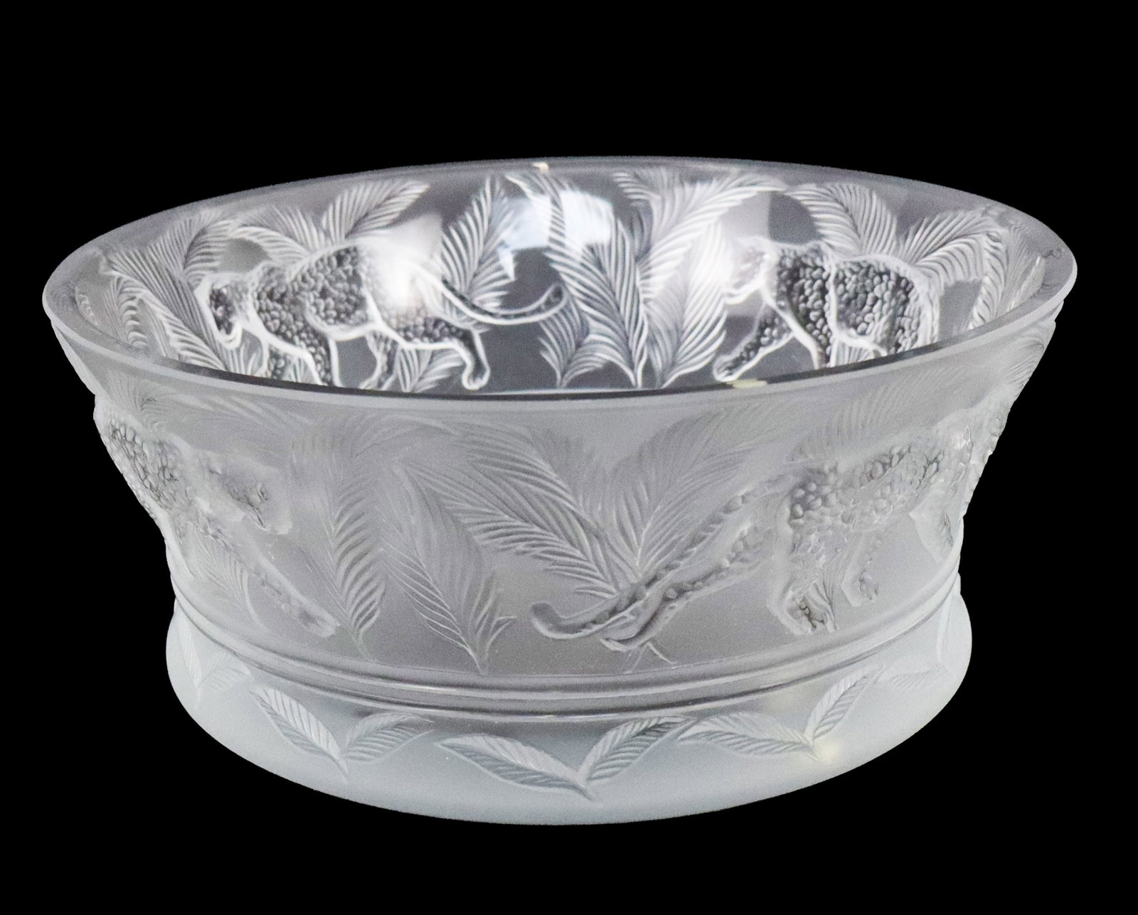 Lalique "Jungle" Satin Crystal Center Bowl: Lalique "Jungle" center bowl, France, 20th/21st century, in satin finished crystal with jungle cat decoration to sides, signed Lalique France to base. [4" H x 9.75" Diameter]. Condition is good.