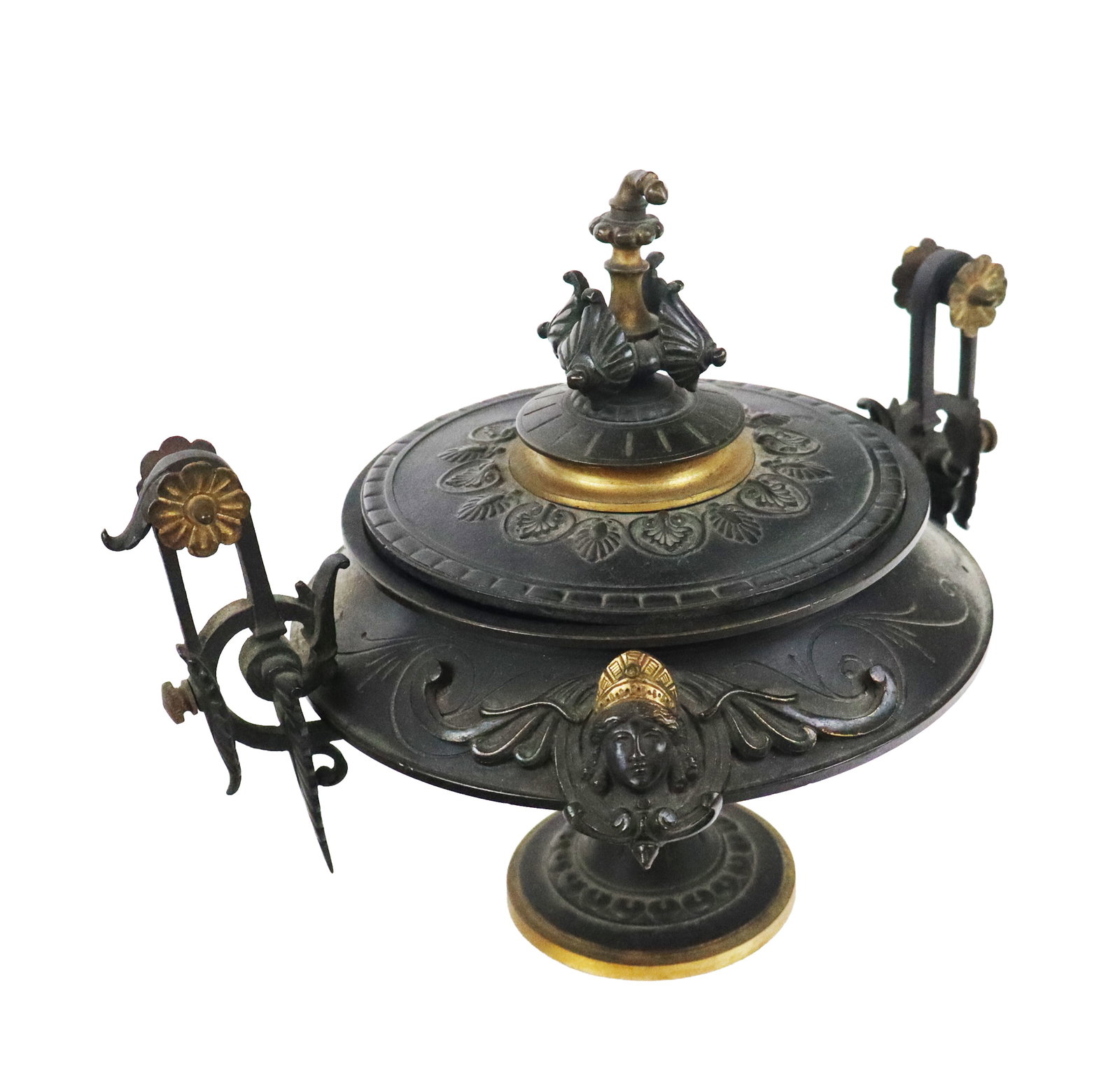 Victorian Egyptian Revival Bronze Covered Urn: Victorian Egyptian Revival bronze covered urn, 19th/ early 20th century, with etched and gilt decoration and mask to one side. [8" H x 10" W x 7" D]. Condition is good with some reaffixing required.