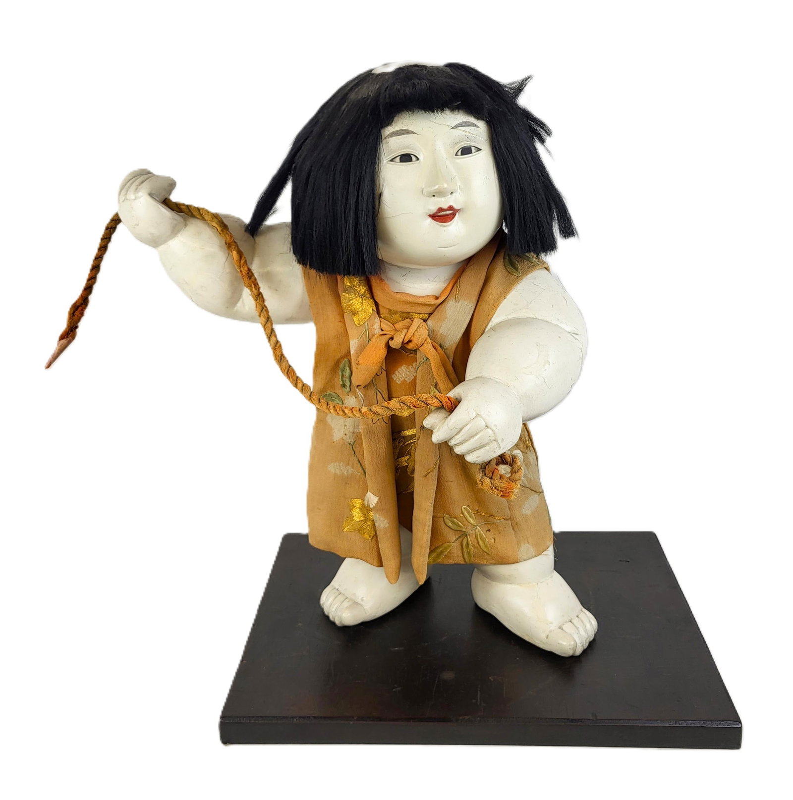 Japanese Edo Period Gosho Ningyo: Japanese late Edo Period Gosho Ningyo, mid to late 18th century, with a gofun lacquered finish, human hair to upper and exposed fontanelle, and hand-made silk robes with gilt and floral embroidery, ho