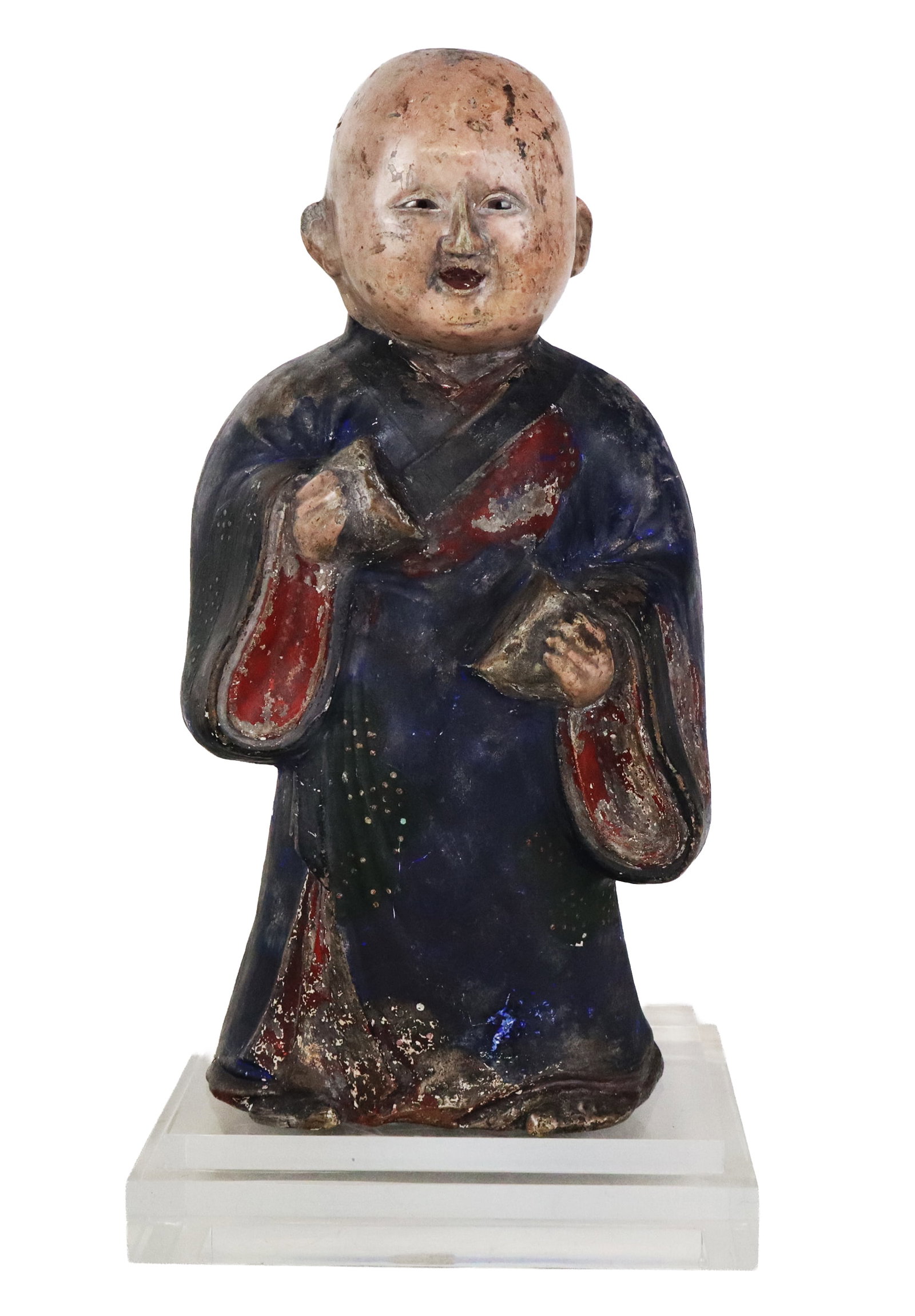 Japanese Painted Terra Cotta Figure of a Monk: Painted terra cotta figure of a monk, likely Japanese, late 19th to early 20th century, with glass eyes, hand-painted details, and simulated age. [17" H x 9" W x 7" D]. Condition is good with surface 