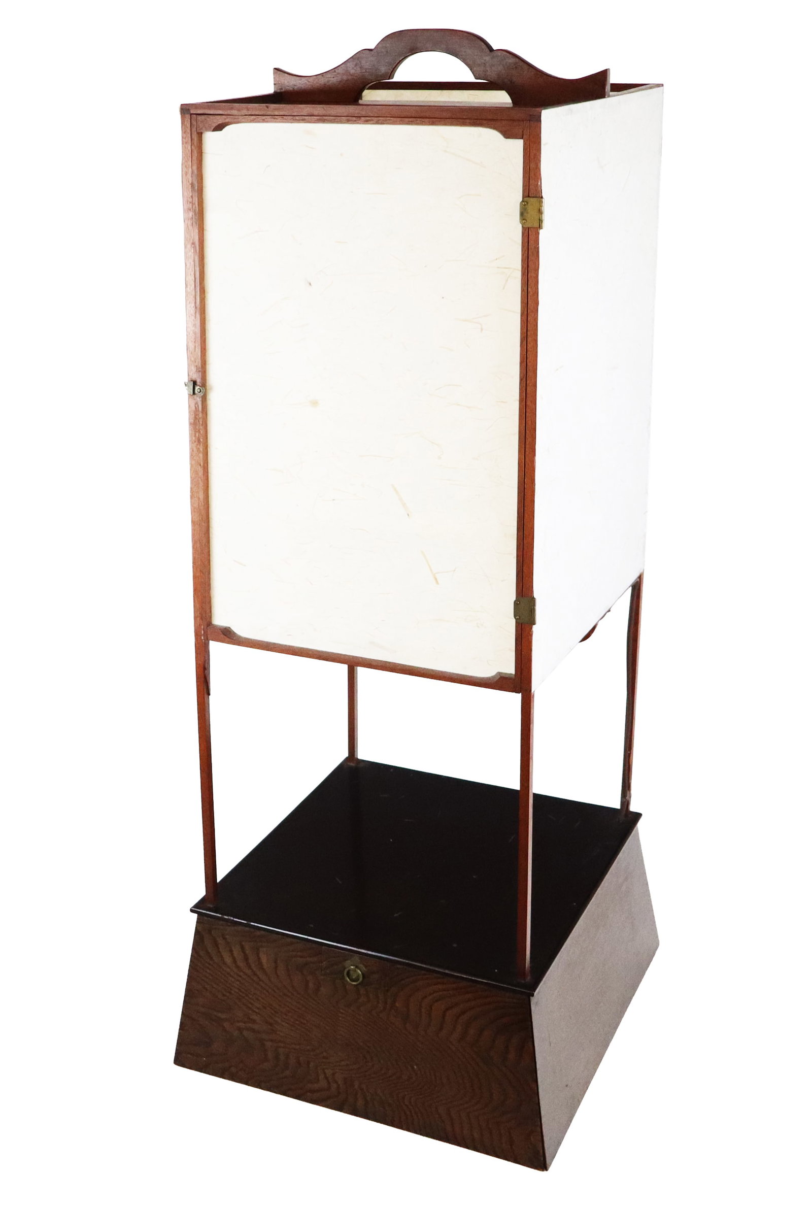 Japanese Kaku Andon Paper Lantern Lamp: Japanese kaku andon paper lantern, 20th century, adapted as a lamp, with a wooden frame and rosewood base, handle to upper, and a single long drawer. [35" H x 13.5" Square]. Condition is good, paper p