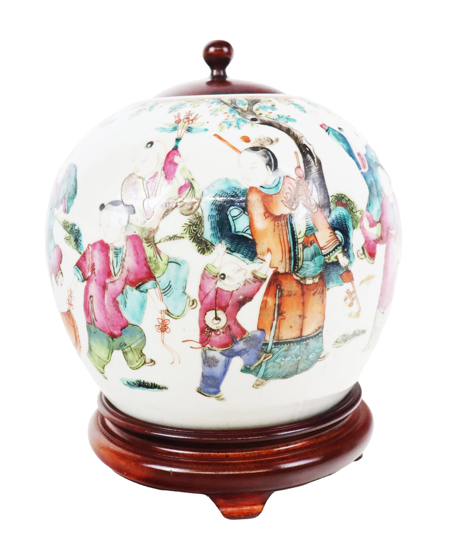 Chinese Famille Rose Ginger Jar: Chinese Famille Rose ginger jar, 19th century, with figural decoration and a later wood lid, and stand. [10" H x 9.5" Diameter]. Condition is good with some wear to decoration.