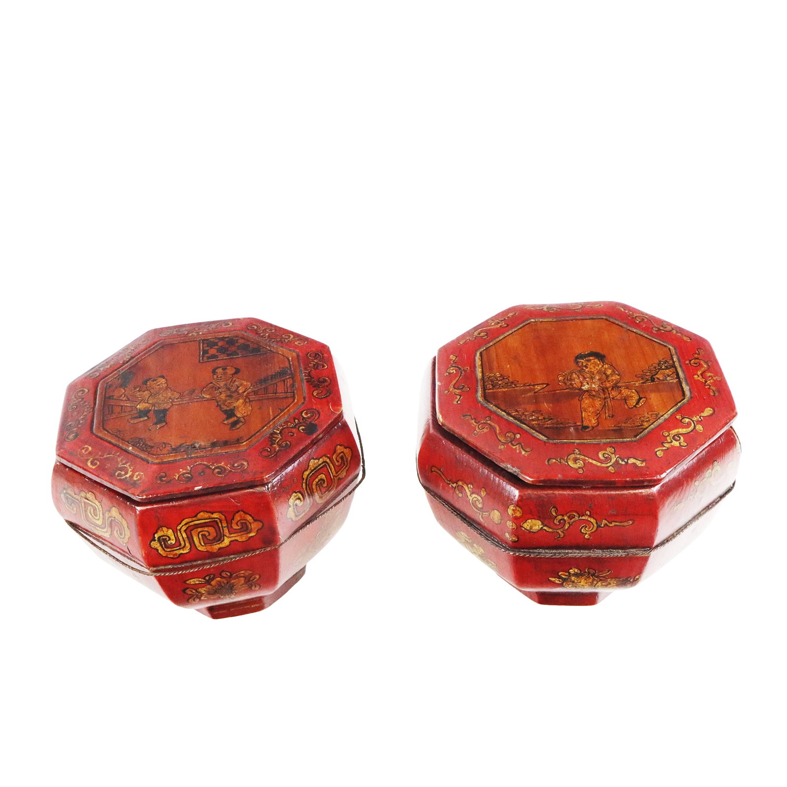 Pair of Chinese Red Lacquer Boxes: Pair of Chinese red lacquer boxes, 20th century, with hand-applied decoration to lids and outer and wire detail. [6" H x 7" Diameter]. Condition is fair, each with loosening to wire and some warp.
