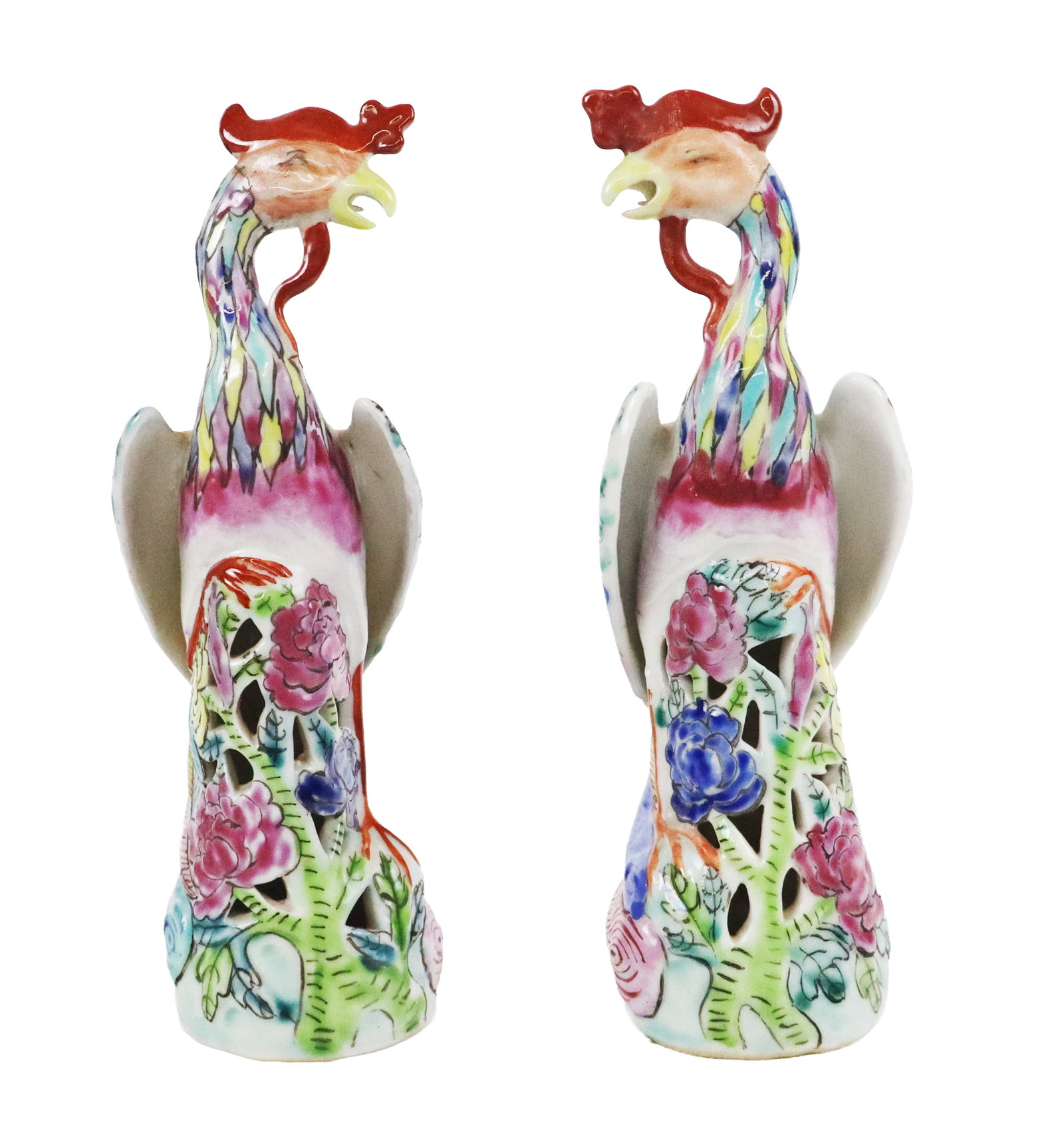 Pair of Chinese Famille Rose Porcelain Phoenixes: Pair of Chinese export Famille Rose porcelain phoenixes, 20th century, each marked to bases. [6.5" H x 2.5" W x 2" D]. Condition to each is good.