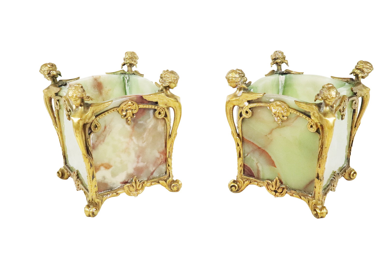Pair of French Empire Bronze & Onyx Jardinieres: Pair of French Empire gilt bronze and green onyx jardinieres, last quarter of the 19th century, of square form, each cornered by the goddess Nike and joined and outlined by a border of scrolling folia