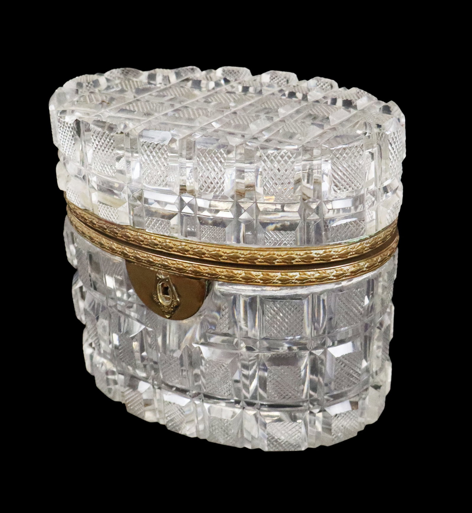 Antique Glass and Gilt Metal Box: Antique pressed glass and gilt metal oval box, late 19th century, possible French. [5" H x 5.25" W x 3.75" D]. Overall condition is good/fair, lip under metal rim to bottom with chips.