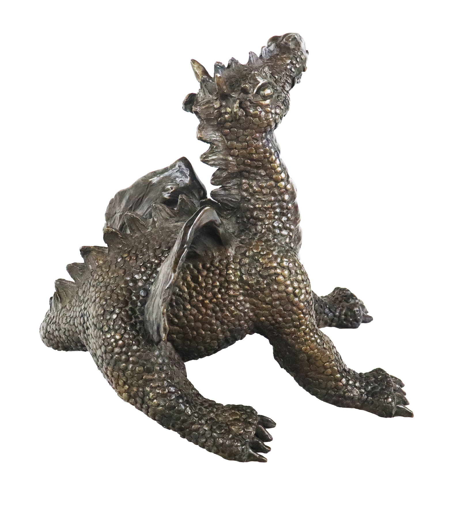 Ailene FIELDS Bronze Sculpture of a Dragon: Ailene Fields (American, 1949) bronze sculpture of a winged dragon, possibly a wyrmling, signed on the belly A. Fields 2009. [14" H x 16" W x 13" D]. Overall condition is good. From the esteemed colle