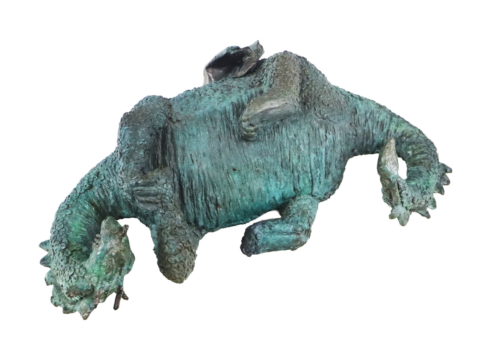Ailene FIELDS Bronze Sculpture of a Dragon: Attributed to Ailene Fields (American, 1949) bronze sculpture of a winged dragon with wings folded and resting on its belly, possibly a wyrmling, apparently unsigned. [7" H x 22" W x 11" D]. Overall c