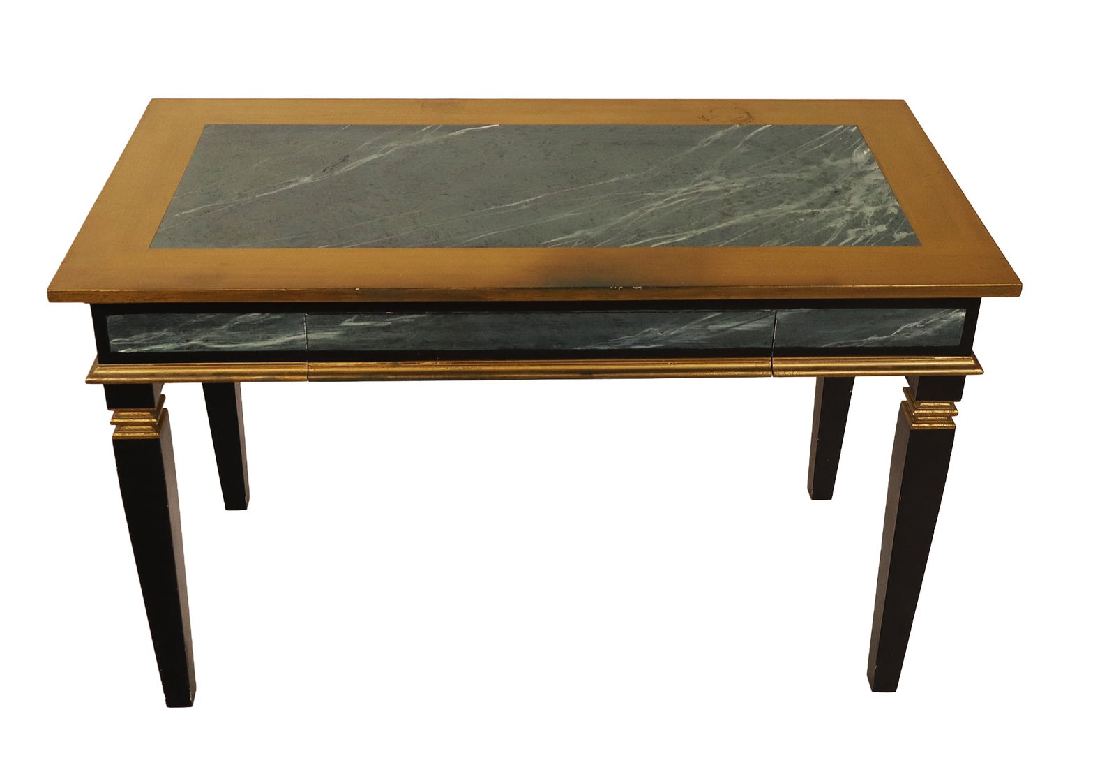 Faux Marble Painted Desk: Desk with faux marble and gilt decoration, later 20th century, on tapered legs, with a single drawer to center. [30" H x 48" W x 24" D]. Condition is good with an area of minor discoloration to surfac