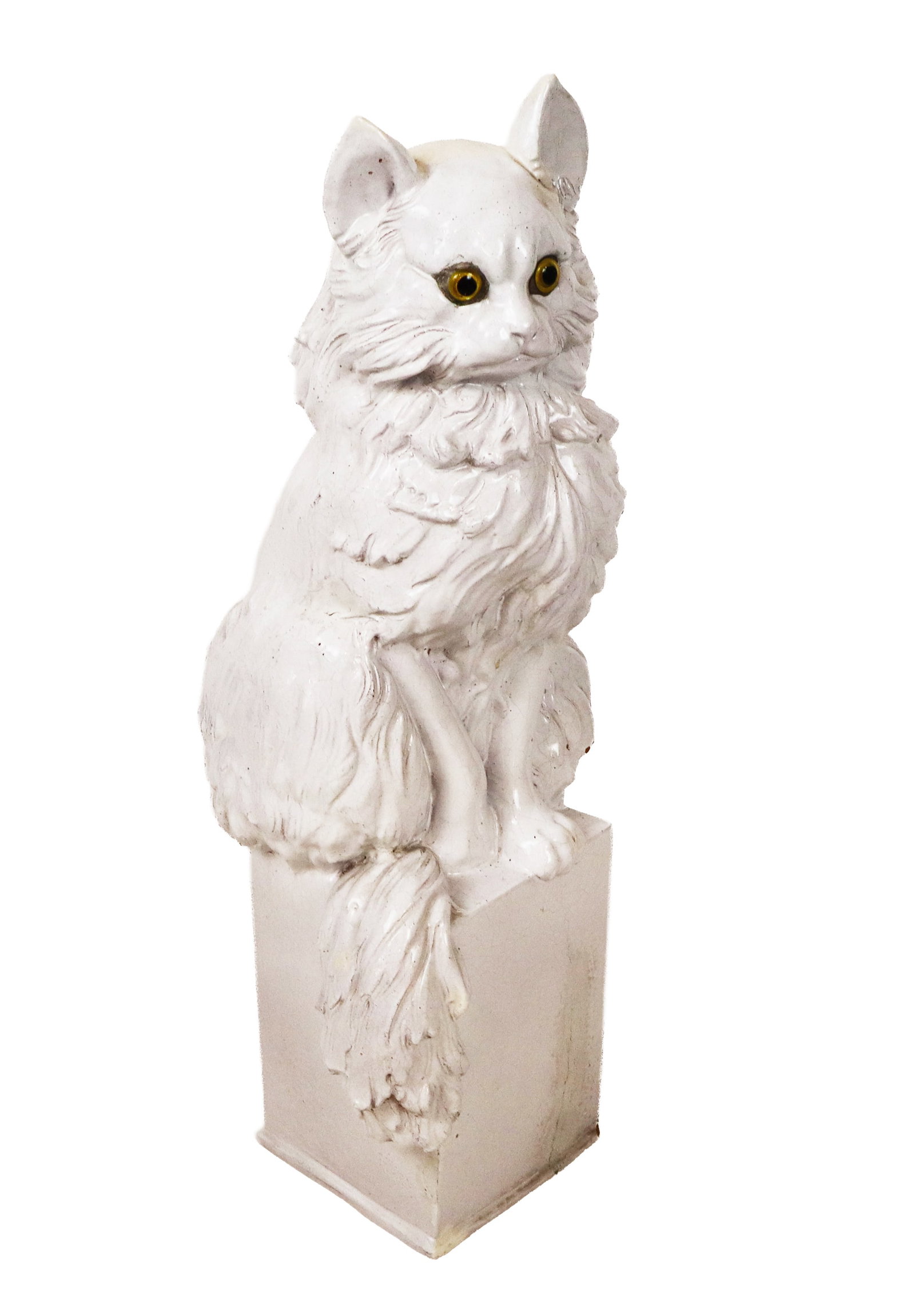 Large Italian Terra Cotta Cat: Large terra cotta sculpture of a cat, circa 1970s, on an affixed stand and with inset glass eyes. [33" H x 14" W x 13" D]. Condition is good with some surface wear including minor losses and a loss an