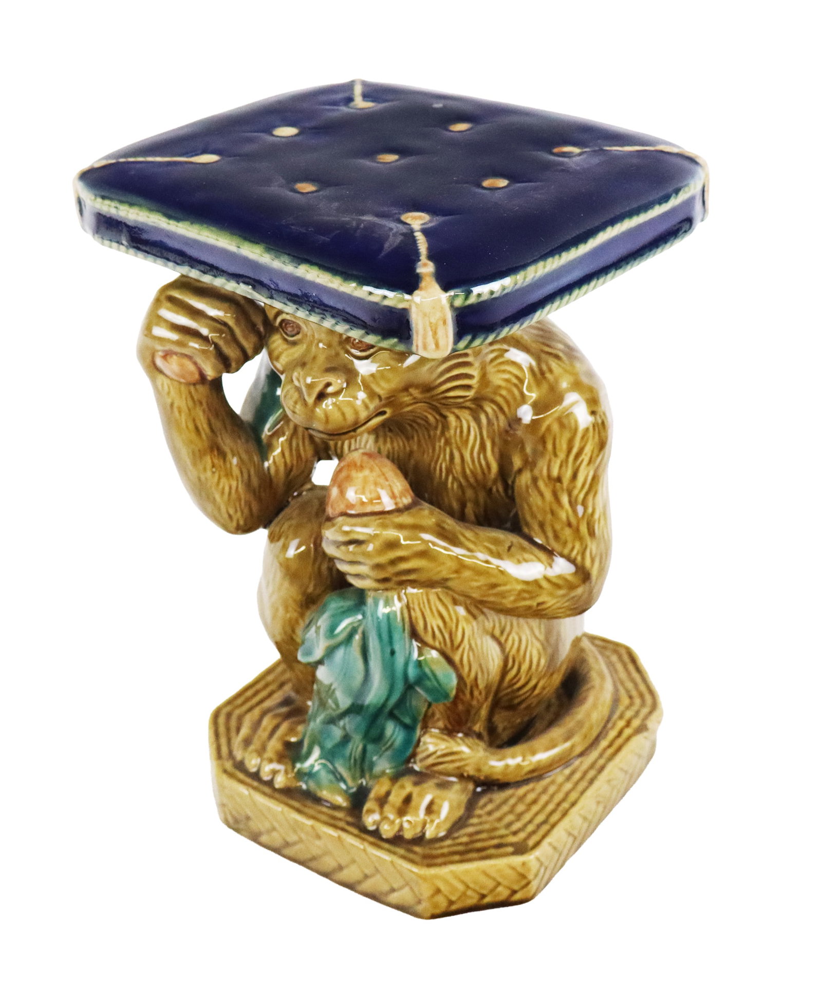 Majolica Monkey Pedestal: Majolica monkey pedestal, Italian, 20th century, unmarked. [12" H x 8.5" W x 7.5" D]. Condition is good. From the esteemed collection of Neil Zukerman former owner CFM Gallery.