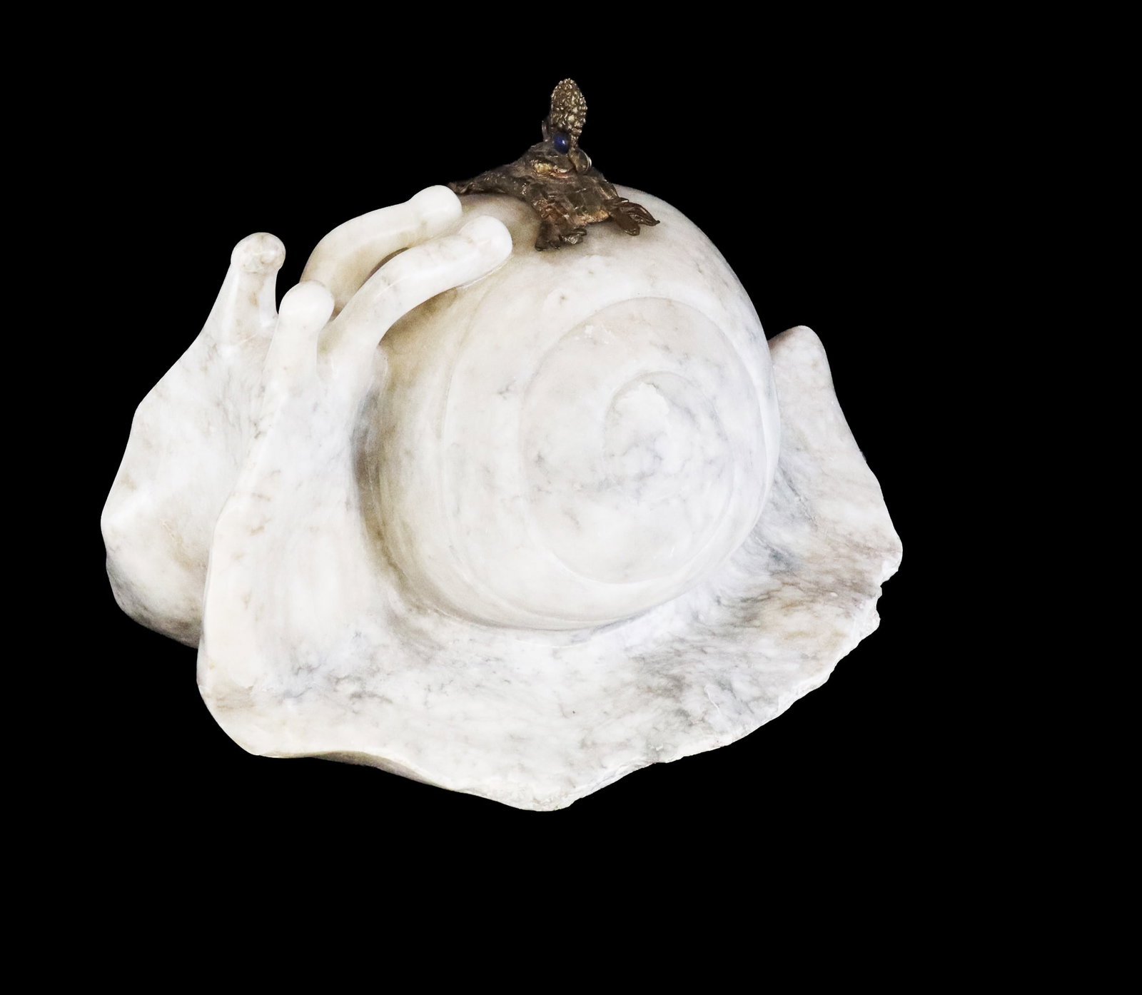 Ailene FIELDS Carved Marble Snail on Lucite: Ailene Fields (American, b. 1948) carved marble sculpture of a snail with a gilt bronze crown to upper, raw edge detail, and a lucite base. [17" H x 16" W x 30" D]. Condition is good with minor wear t