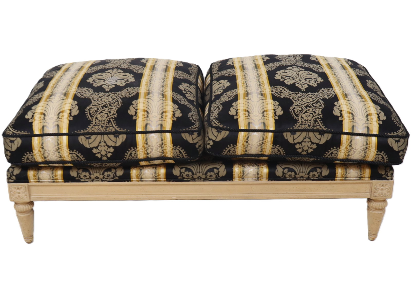 Louis XVI Ottoman Bench: Louis XVI ottoman or bench, 20th century, with striped upholstery and a carved and painted frame, down fill to cushions. [18" H x 48" W x 30" D]. Condition is good.