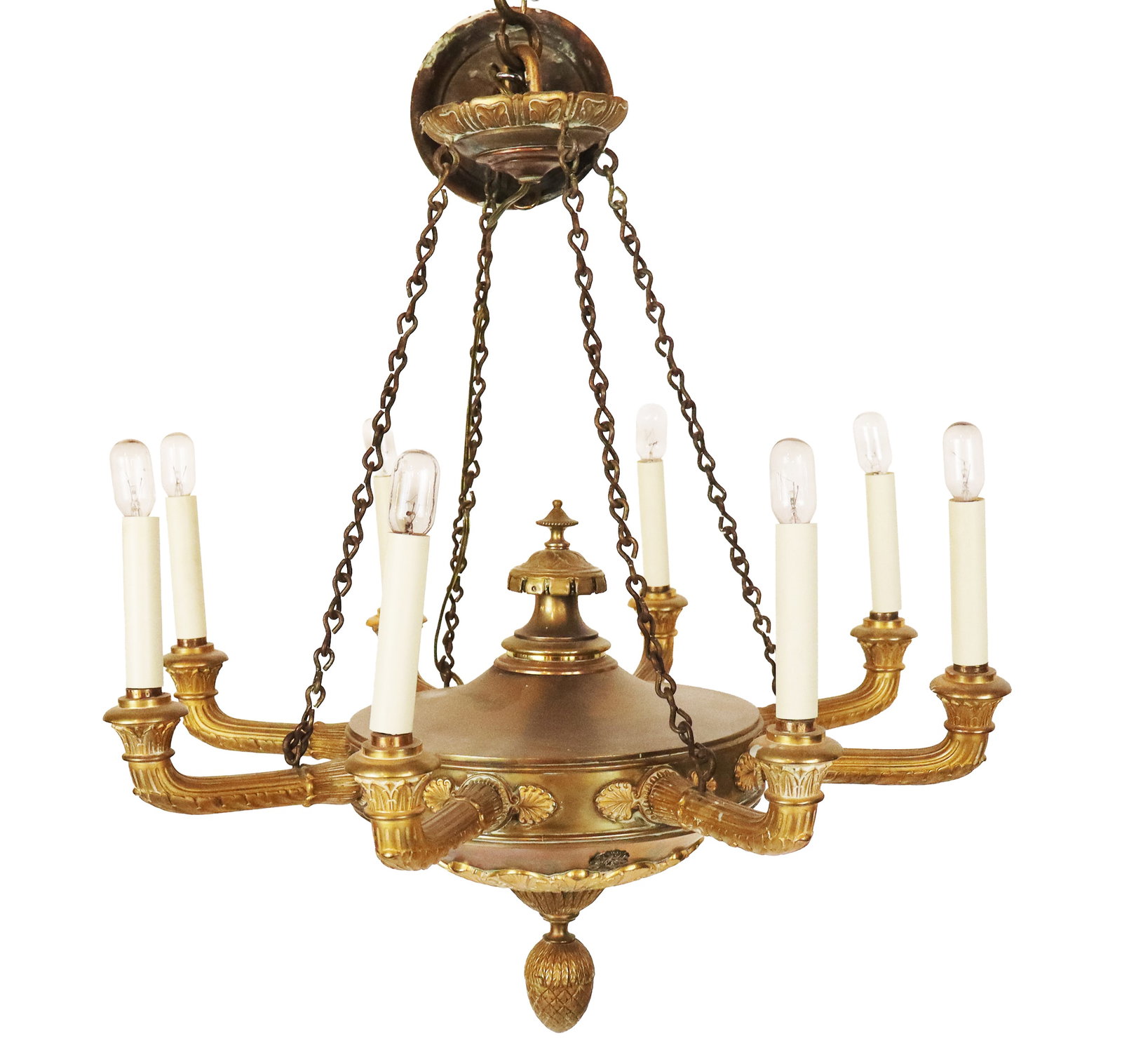 French Empire Bronze Eight-Light Chandelier: French Empire bronze eight-light chandelier, 19th century, with gilt bronze details, likely a later electrified oil lamp. [With chain: 23" H x 25" Diameter]. Condition is good with some surface wear; 