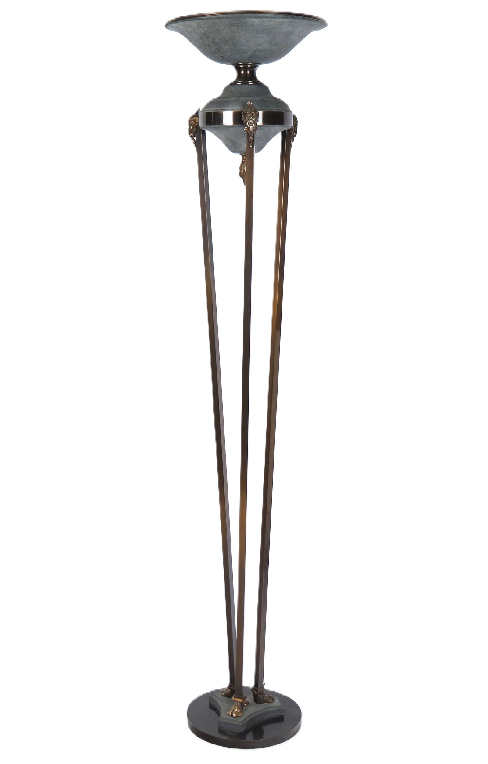 French Empire Torchiere Lamp: French Empire torchiere lamp, later 20th century, possibly by Maitland Smith, with mask decoration, flame finial, and three leg support with hairy paw detail to lower, unmarked. [71.5" H x 16" Diamete