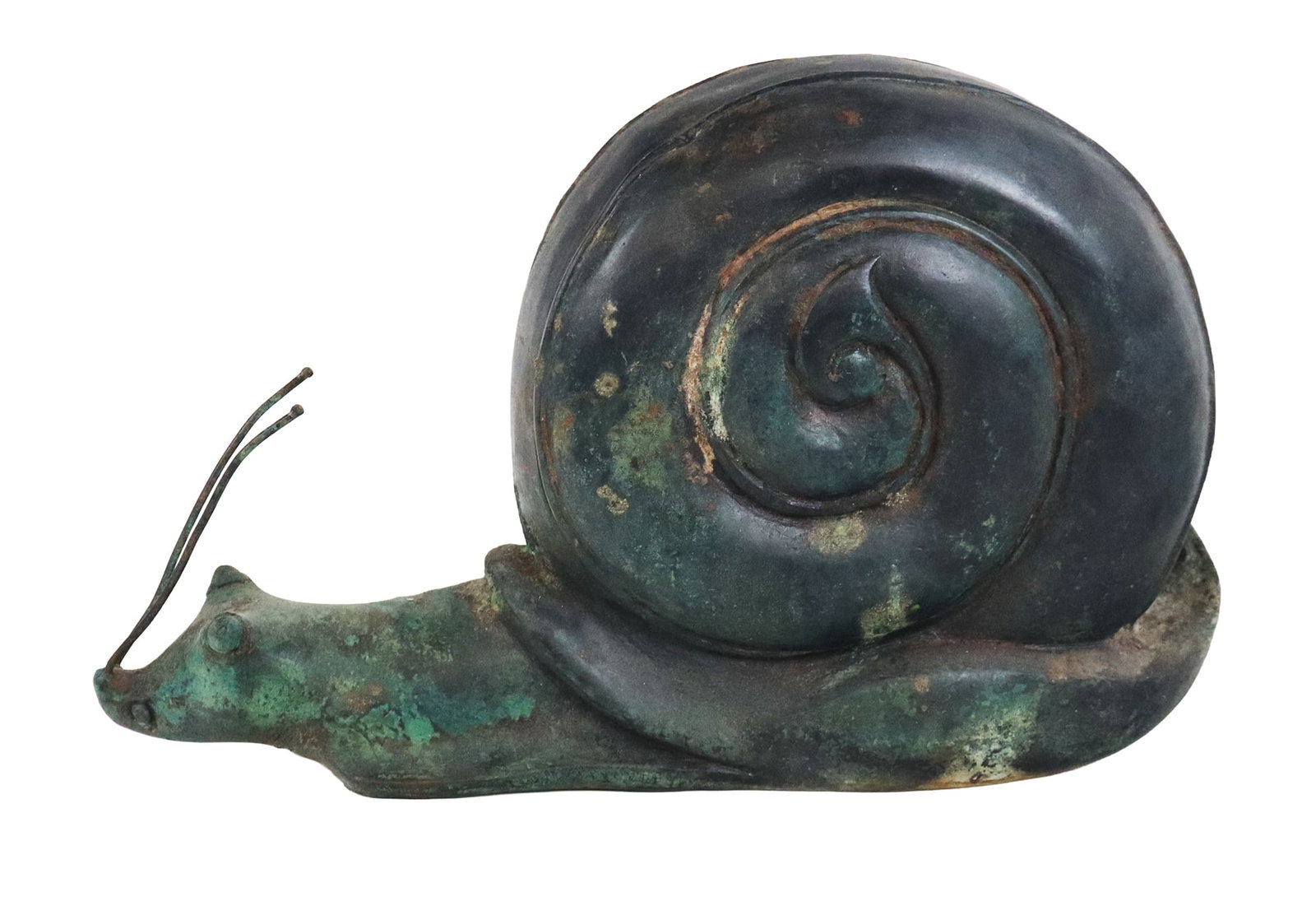 Patinated Metal Sculpture of a Snail: Patinated metal sculpture of a snail, late 20th century, unmarked. [9" H x 14" W x 5" D]. Condition is good with some corrosion to metal. From the esteemed collection of Neil Zukerman former owner CFM