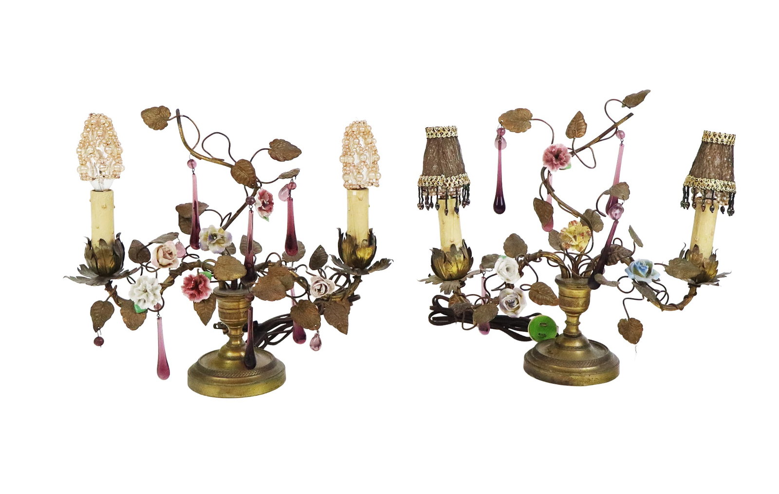 Pair of Gilt Metal and Porcelain Floral Lamps: Pair of gilt metal lamps with porcelain floral decoration, 20th century, and glass bobble detail, and two lights. [13" H x 15" W x 6" D]. Condition is good with patina and some losses, wiring untested