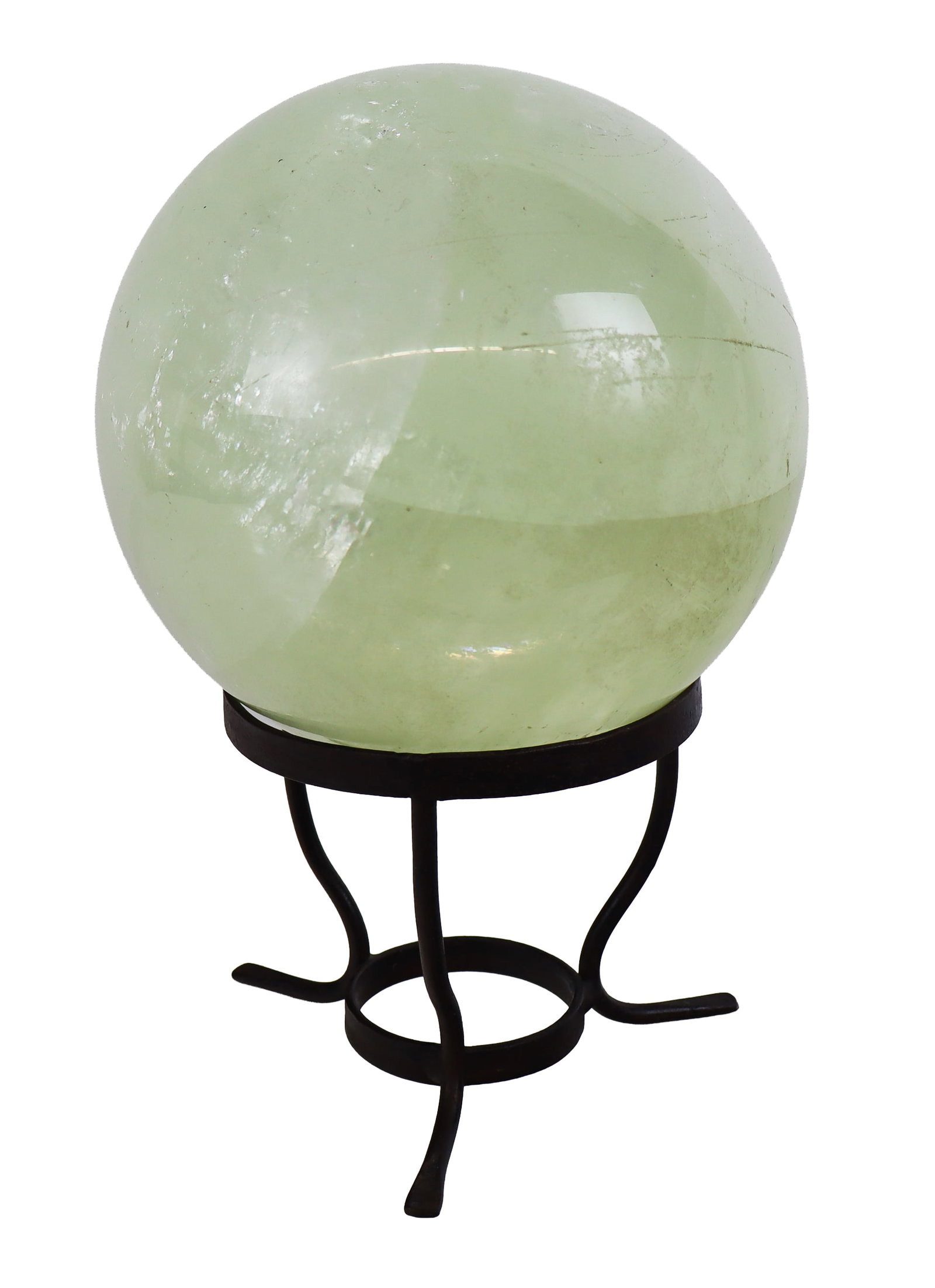 Polished Green Quartz Orb on Stand: Polished green quartz orb on a metal stand. [Orb: 8" Round; stand: 6" H x 5.25" Diameter]. Condition is good. From the esteemed collection of Neil Zukerman former owner CFM Gallery.