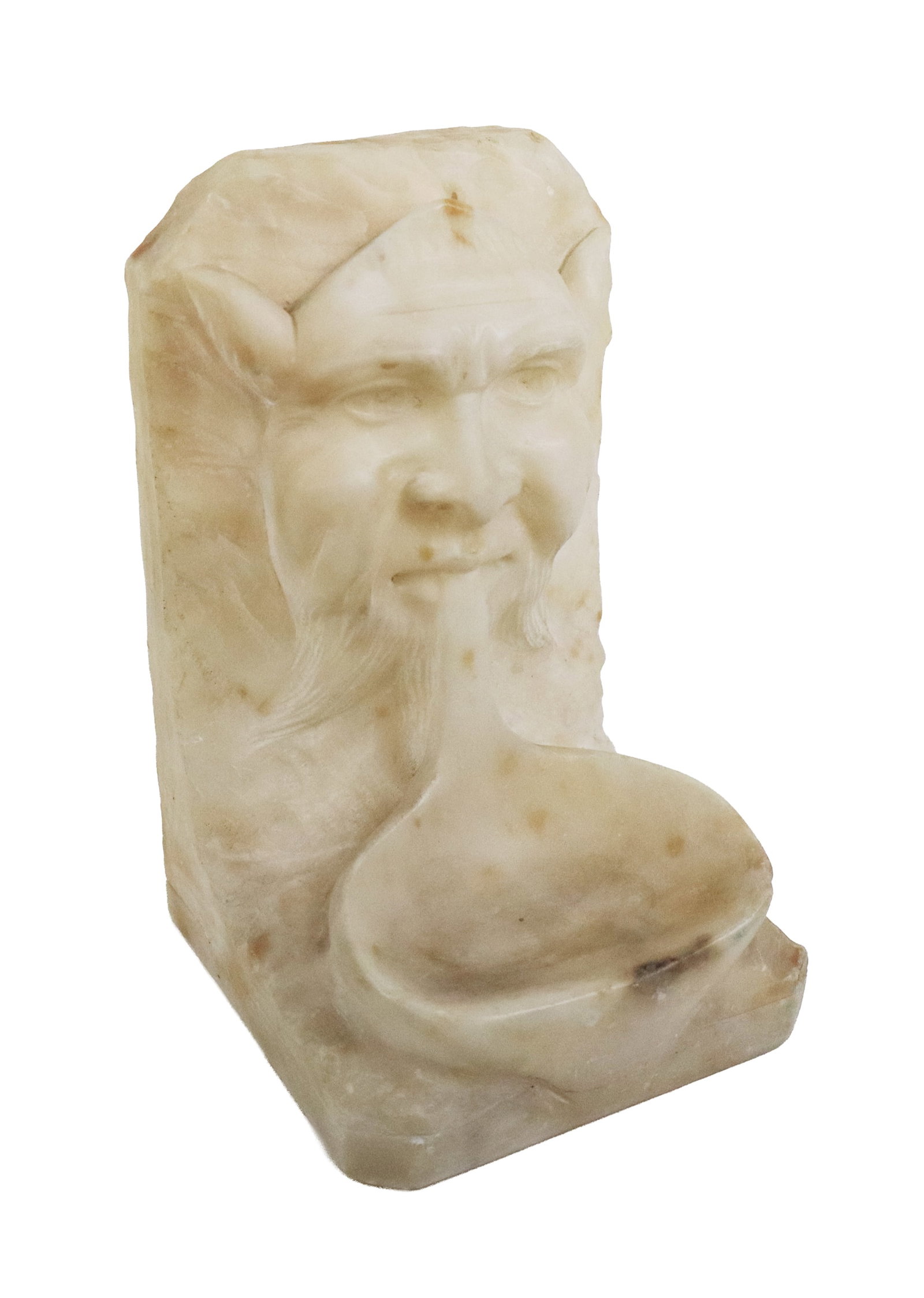 Carved Alabaster Figural Bookend: Carved alabaster bookend or dish, 20th century, with a face and font to lower. [7" H x 4.25" Square]. Condition is good with a chip to reverse. From the esteemed collection of Neil Zukerman former own