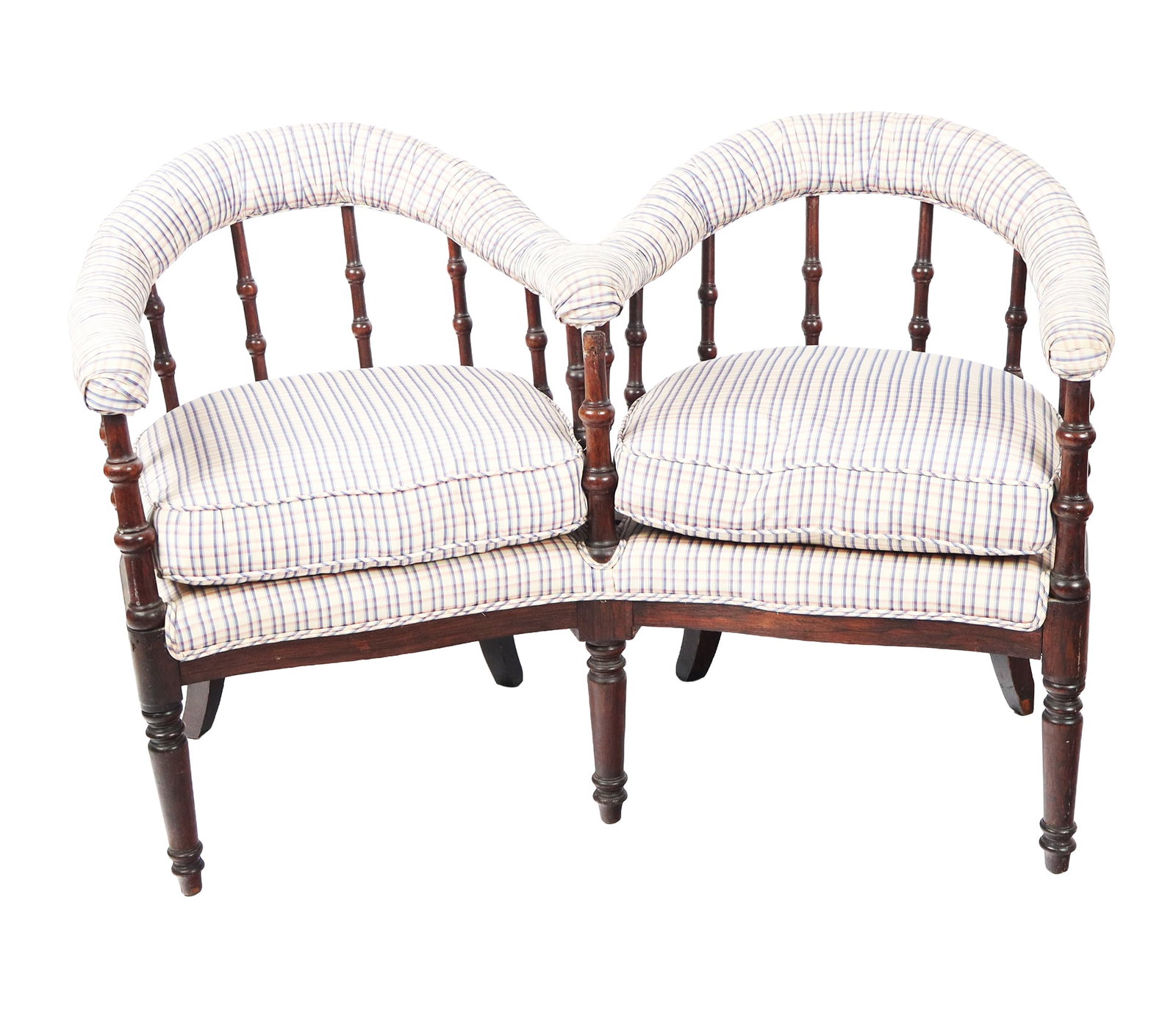 Conjoined Partner's Chairs: Conjoined partners chairs, 20th century, with plaid upholstery and wood frames. [31" H x 48" W x 28" D; seat height: 20]. Condition is good with discoloration to upholstery at seat of one.