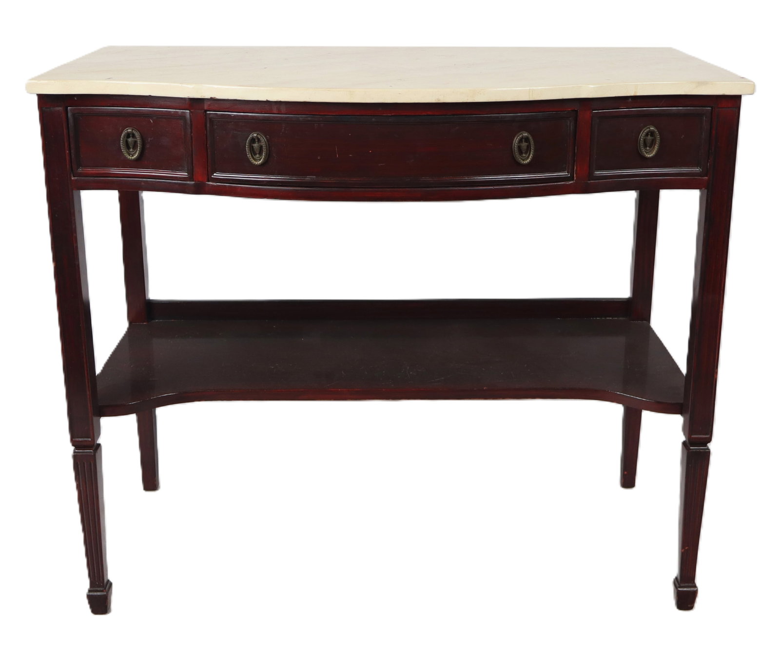Louis XVI Console with Faux Marble Top: Louis XVI console with a faux painted marble top, three drawers, and a shelf to lower, on tapered legs. [34" H x 40" W x 22" D]. Condition is good with some surface wear.