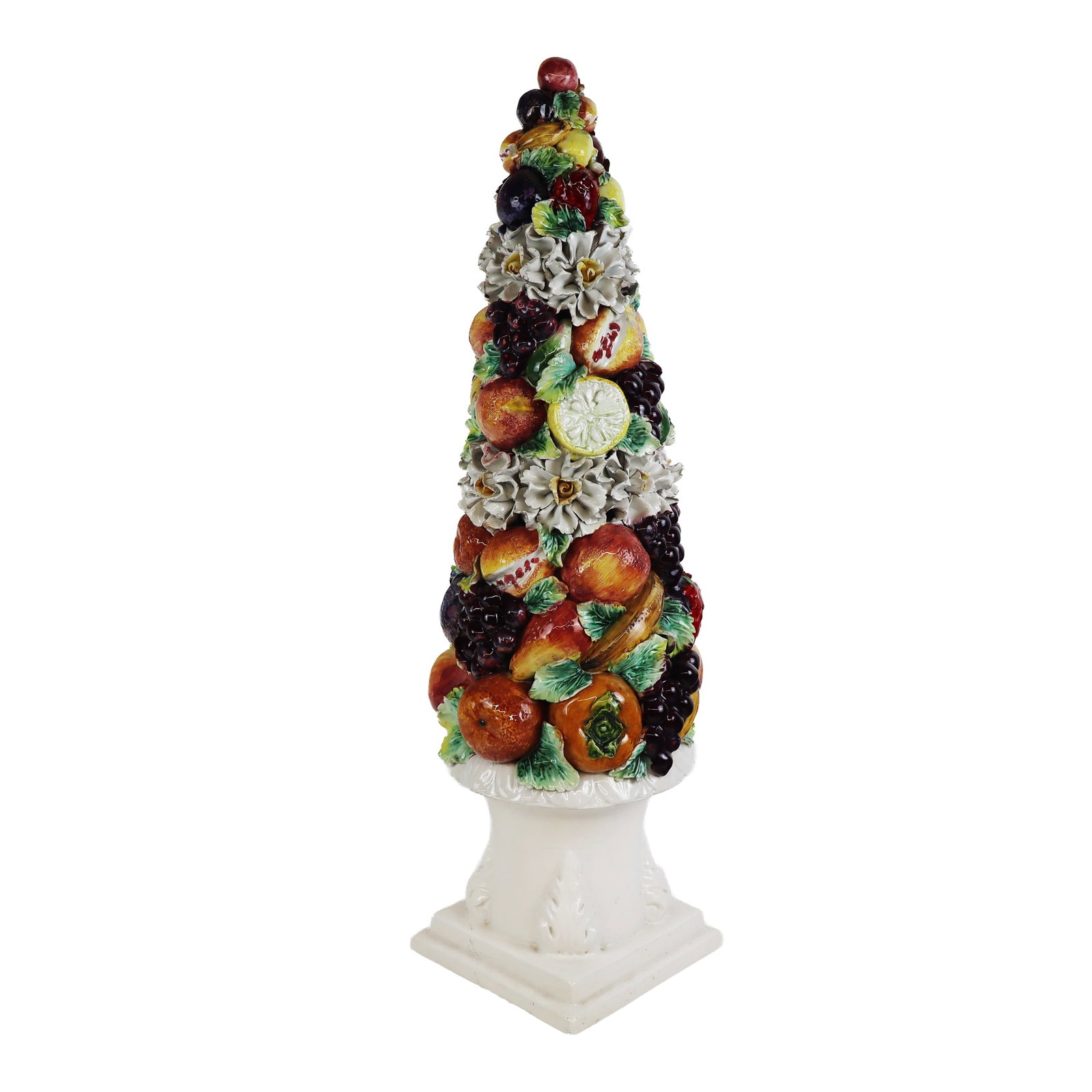 Italian Porcelain Topiary with Fruit: Italian porcelain topiary with fruit decoration, 20th century, unsigned. [26" H x 9" Diameter]. Condition is good to fair with some losses and significant repair to lower. From the esteemed collection