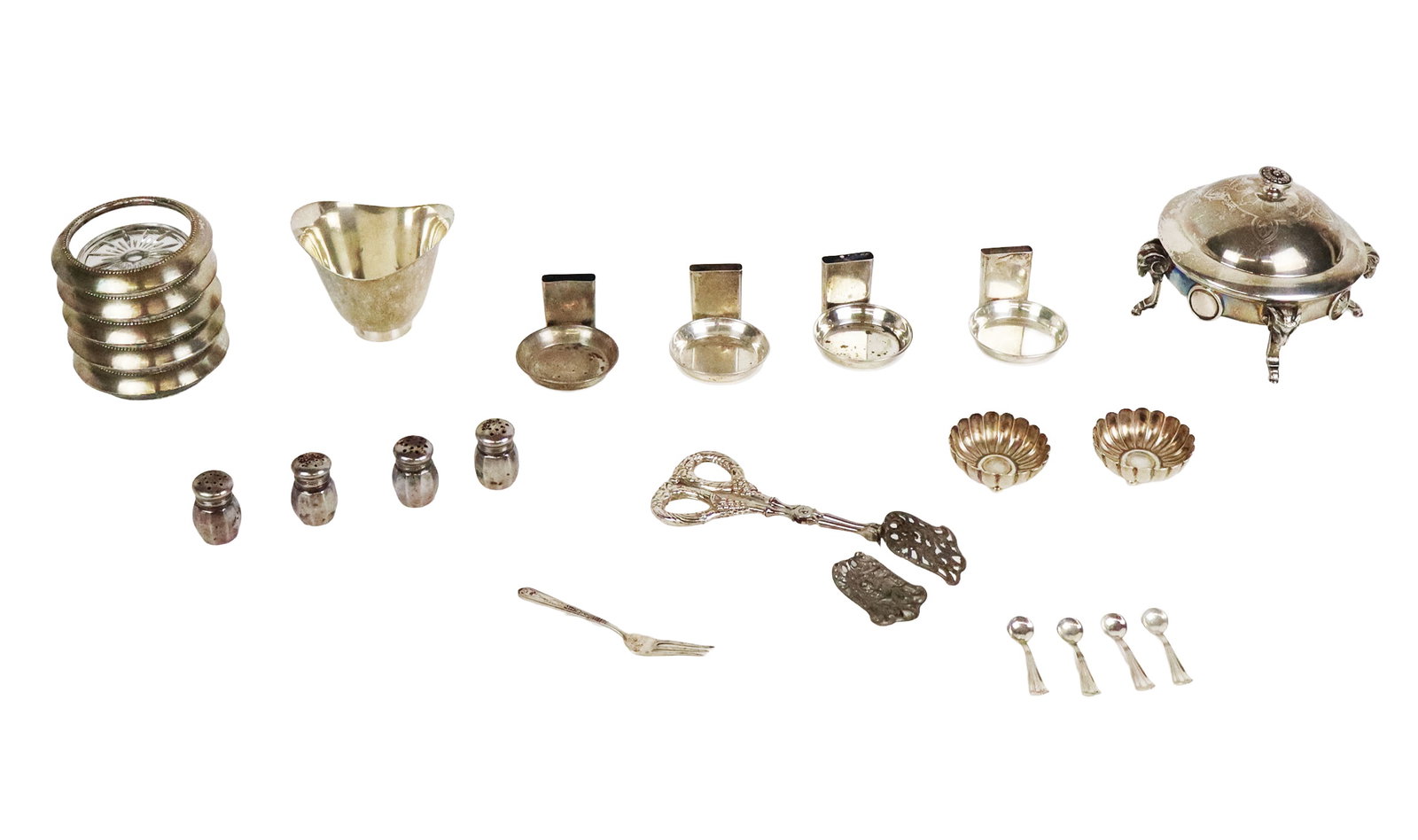 Group of Assorted Sterling Silver Tablewares, 24: Group of assorted sterling silver table accessories, comprising a Ball Black & Co. covered butter dish, 4 salt shakers, pair of fluted salts, 4 individual ashtrays with match holders, Tiffany & Co. Ma