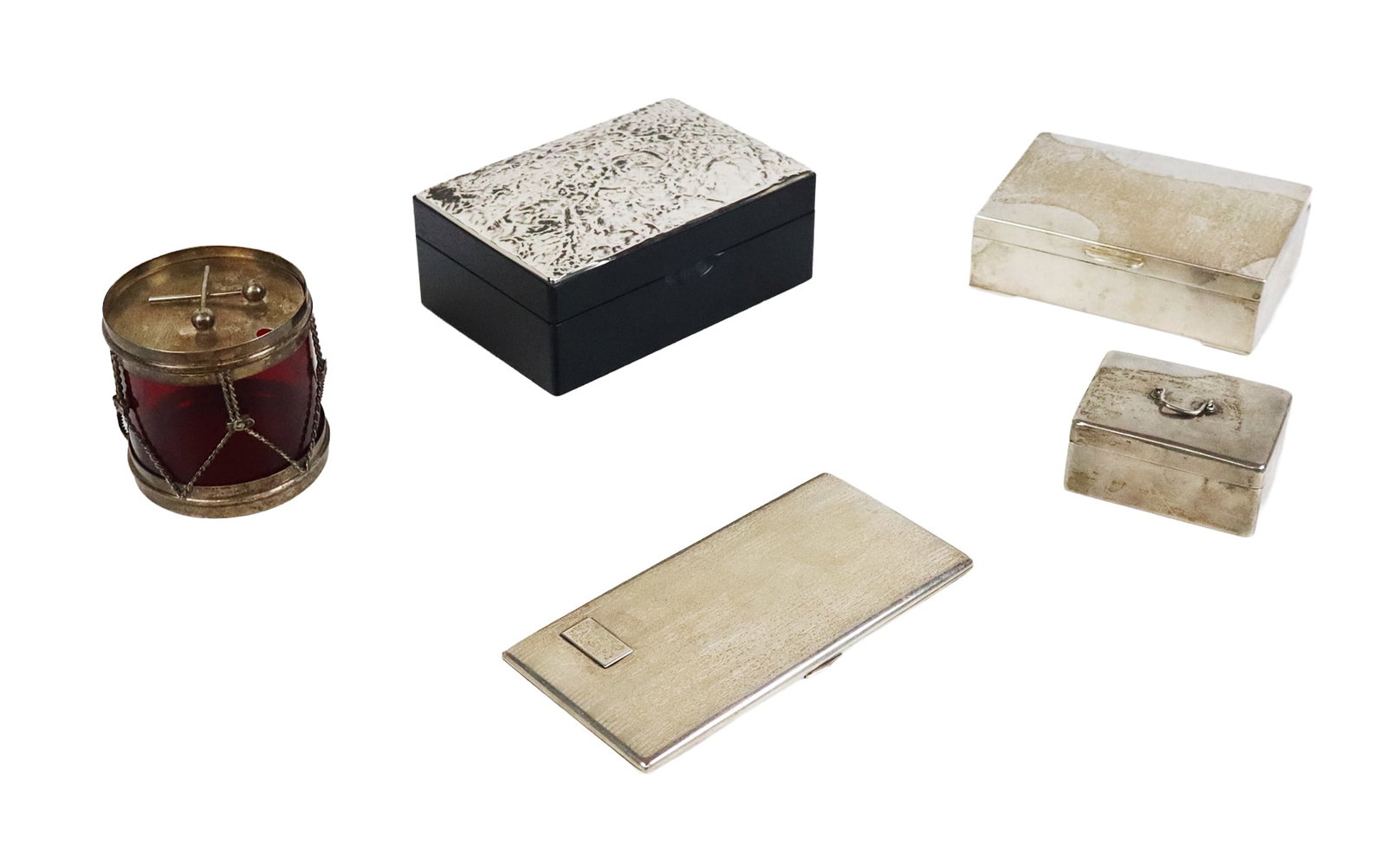 Cartier Et Al Group of Silver Boxes & Cases 5: Group of assorted sterling silver boxes and cases, comprising a R. Blankinton Company and red glass drum form mustard pot retailed by Cartier [3.25" H x 3.25" Diameter]. George III silver snuff box, L