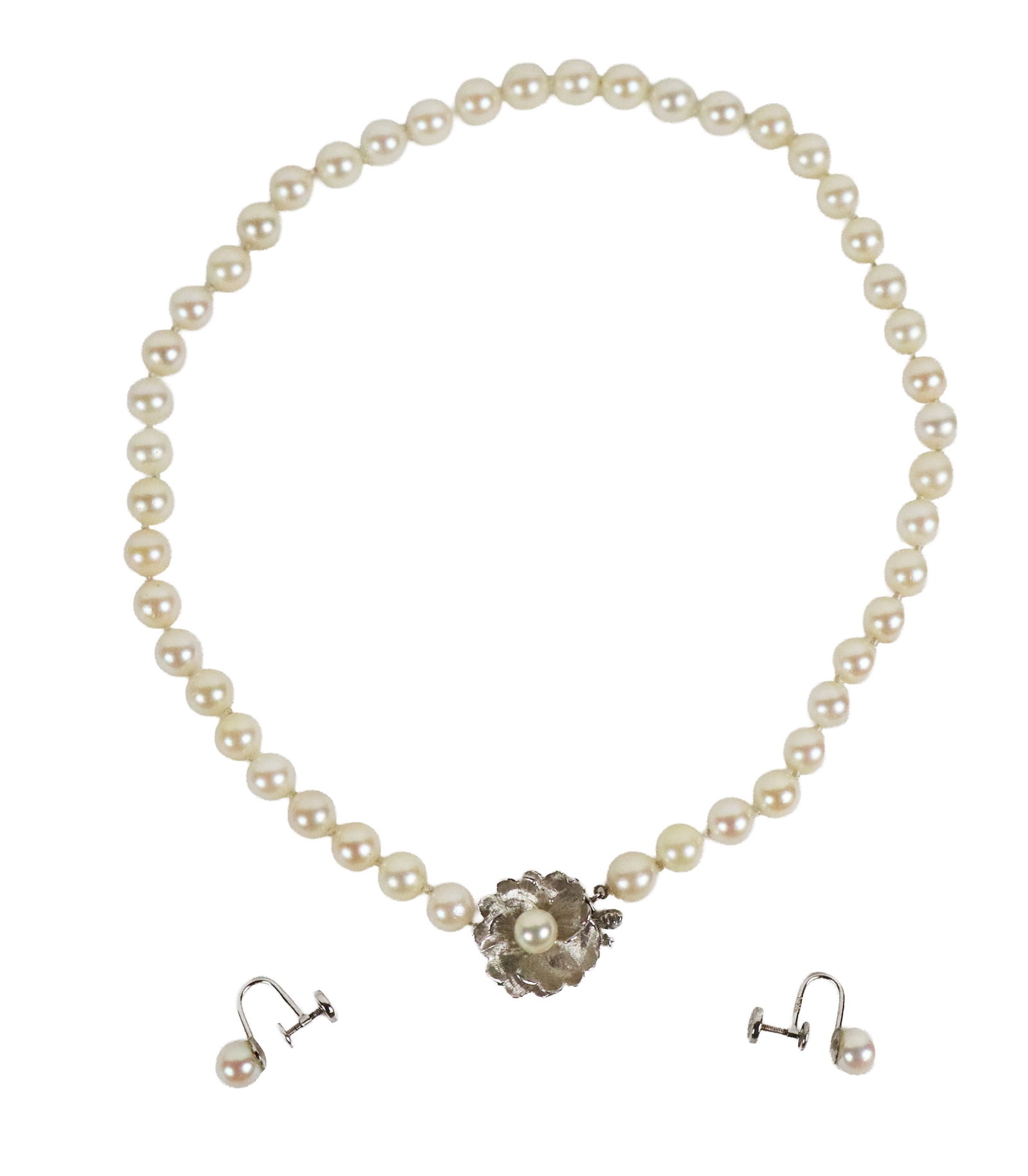 Cultured Pearl and Gold Necklace & Earring Set, 3: Culture pearl and white gold necklace and earring set, comprising a necklace of 7.4-8mm cultured pearls joined by a flower head clasp, and a pair of 7mm. cultured pearl earrings with twist backs, mark