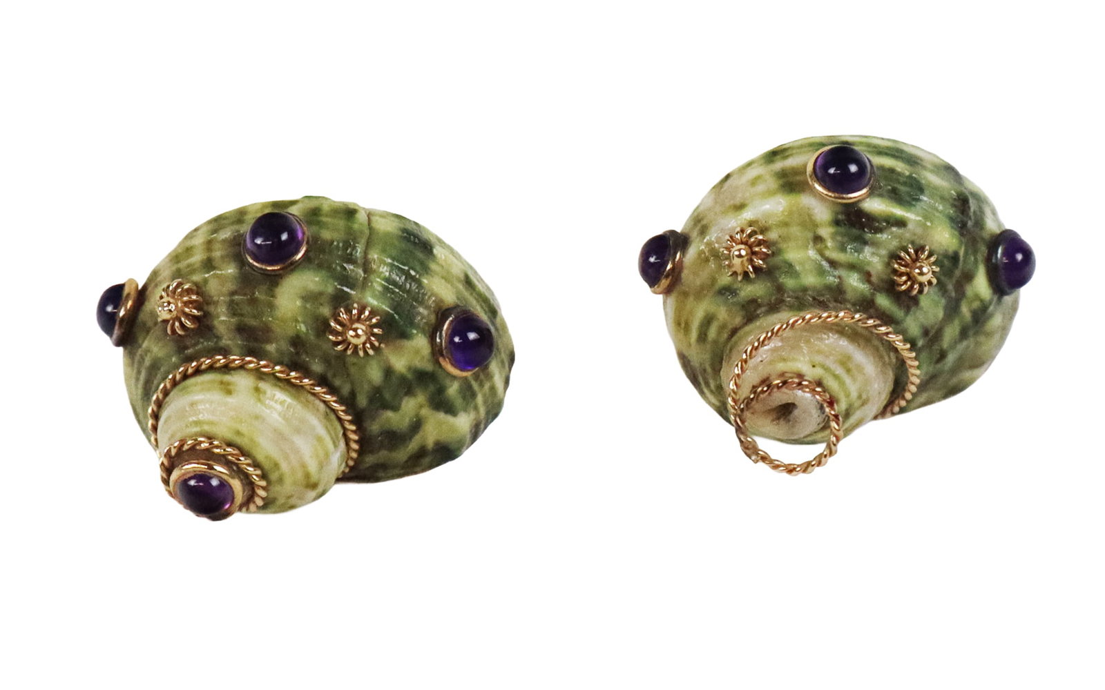 Maz Pair of Shell, Gold and Amethyst Earrings: Maz pair of shell, 14K gold and amethyst ear clips, marked on reverse. [Total 15.1 dwt., [1.25" H x .75" W]. Overall condition is good, requires cleaning.