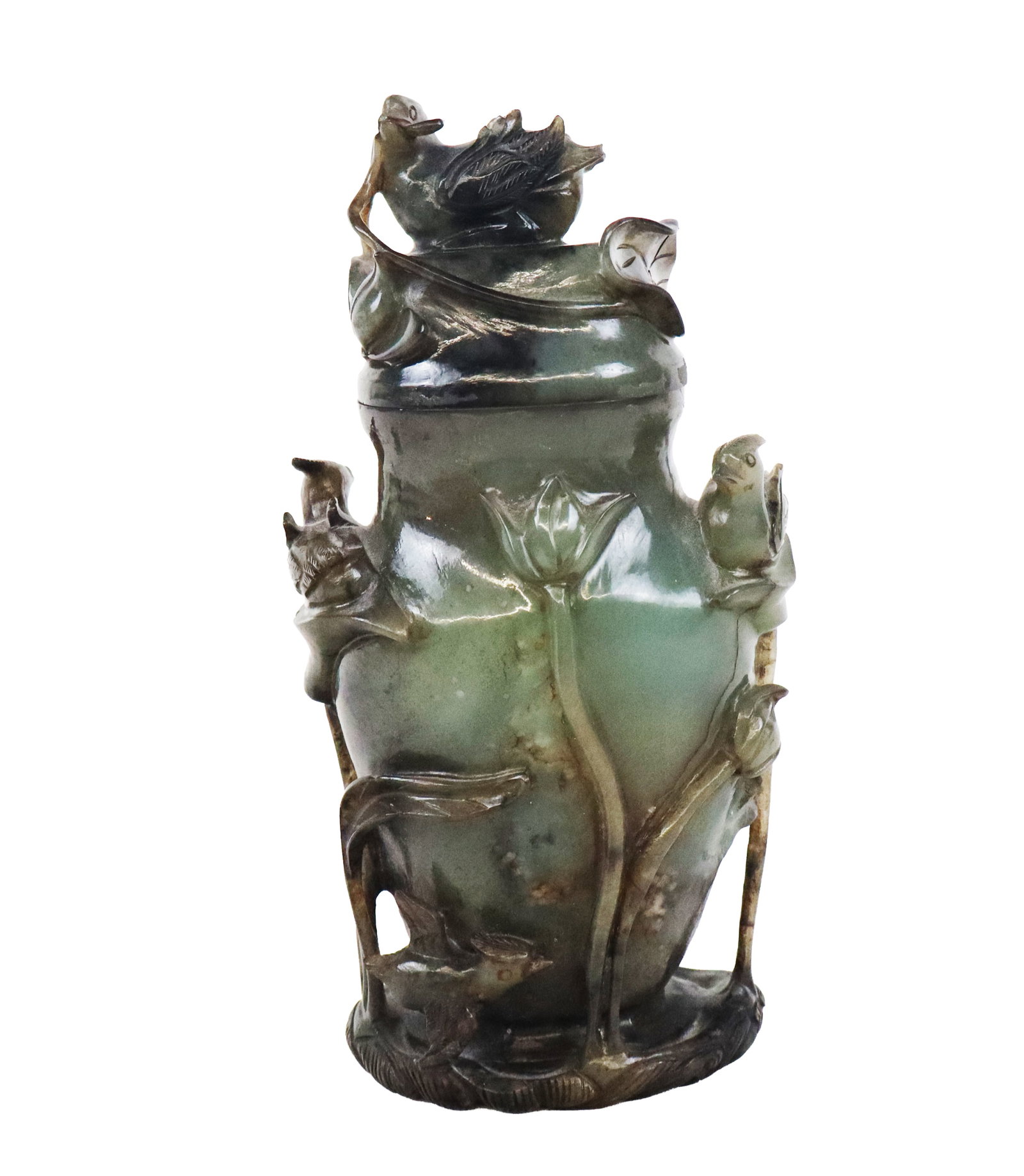 Carved Mottled Green Jade Covered Urn (1 of 18)