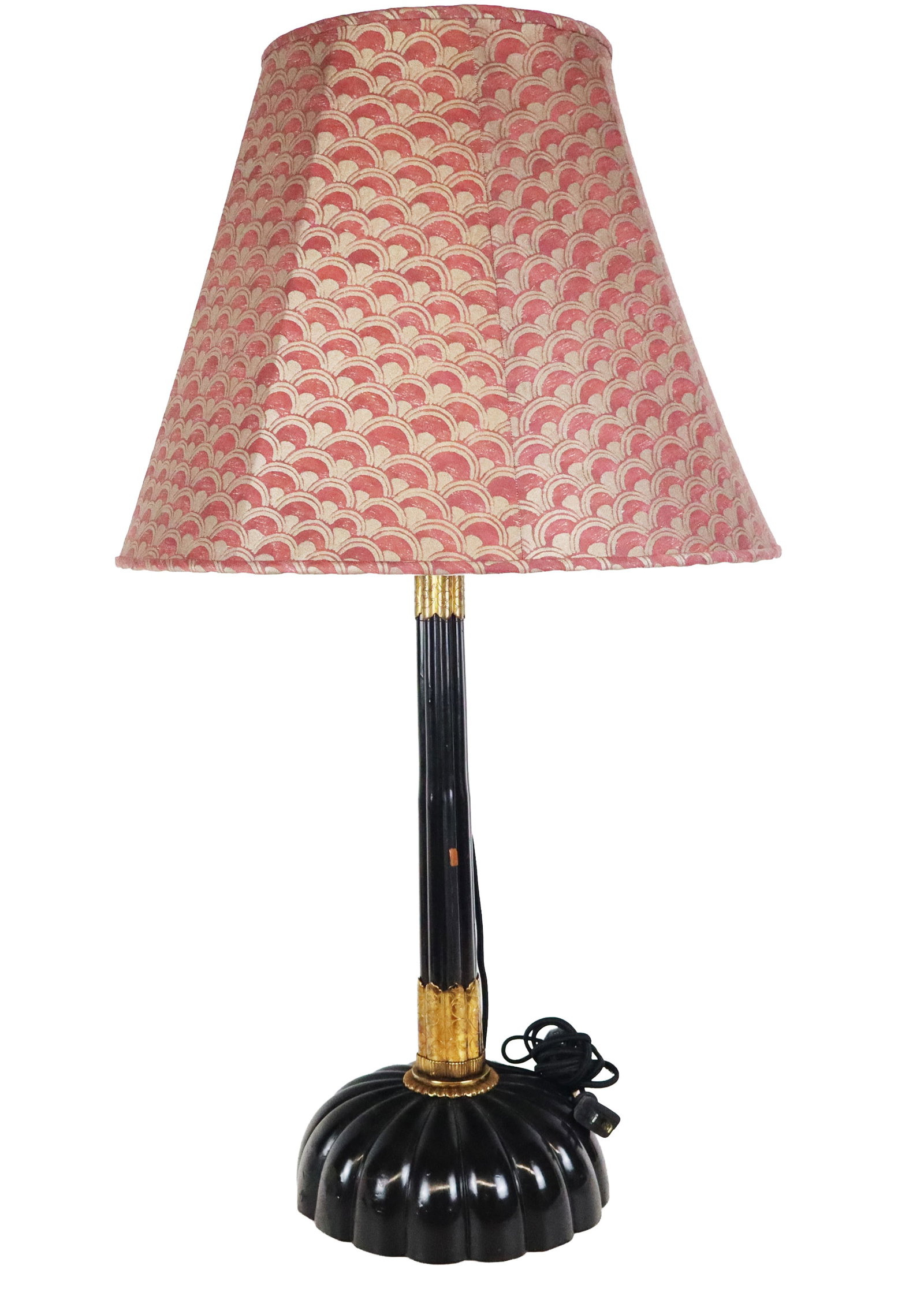 Anglo-Indian Carved Column Form Table Lamp: Anglo-Indian carved and painted column form table with engraved brass collar and band. [34" H x 9" (Base) or 18" (Shade) Diameter]. Overall condition is good/fair, with minor losses, not tested for el