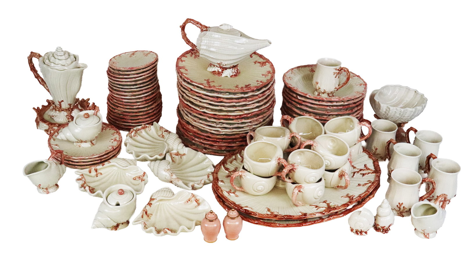 Fitz & Floyd "Oceana" Dinner Service, 80+: Fitz & Floyd "Oceana" pattern partial dinner service, comprising 16 dinner plates [10.75" Diameter], 9 soup bowls [9.75" Diameter] , two oval platters [18" L x 13" W], four salad plates [7.75" Diamete